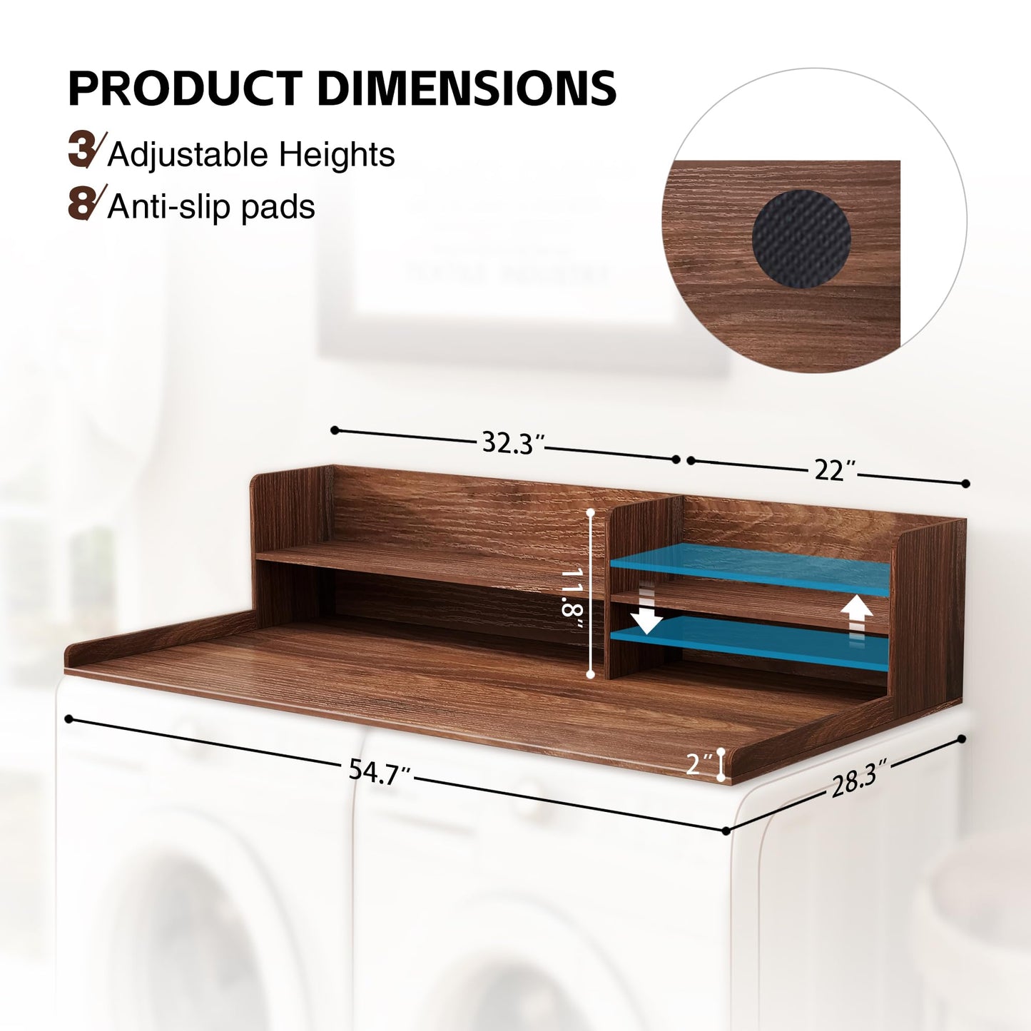 Laundry Topper For Washer And Dryer, Large Laundry Countertop Cover With Non-Slip Pads , 2 Tier Wooden Washer Dryer Topper For Folding Clothes, Laundry Countertop Over Washer And Dryers,Walnut