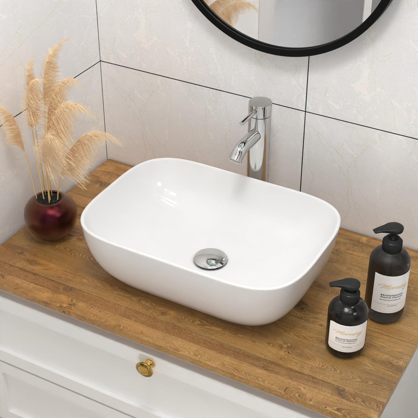 J-FAMILY 18.3'' x 13'' Bathroom Vessel Sink White Porcelain Ceramic Wash Basin Vanity Above Counter Oval Sink Lavatory Art Basin