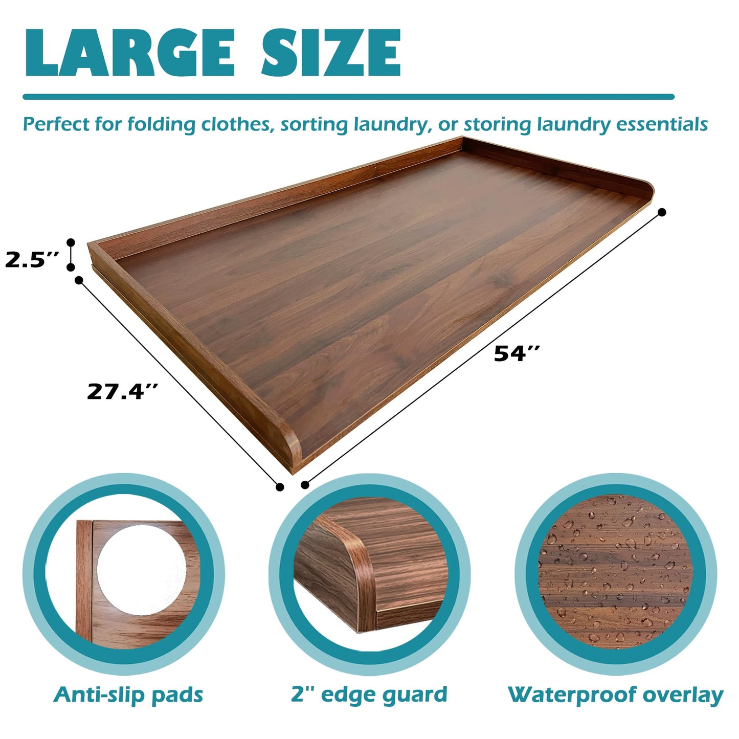 ROYXEN Washer Dryer Countertop, Laundry Countertop Solid Wood, Countertop for All Front-Loaded Washing Machine and Dryer, Extra Room for Laundry Room, Walnut Color