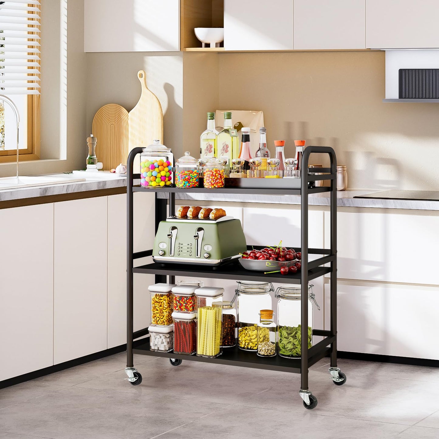 HDANI 3 Tier Metal Utility Multipurpose Rolling Cart,Large Capacity Heavy Duty Cart with Lockable Wheels Rolling Cart with 2 Lockable Wheels for Home,Office,Kitchen,Bathroom,Bedroom(Black)