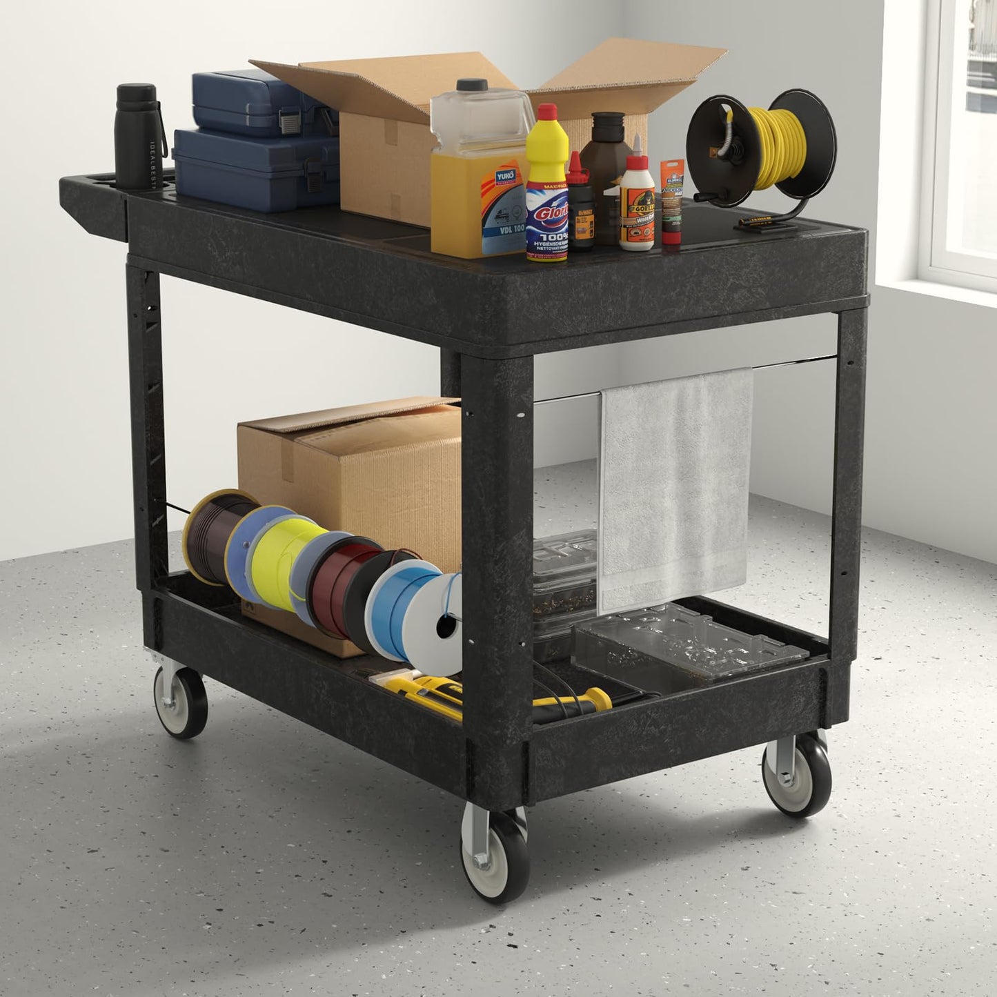 Wanmwill Utility Cart on Wheels, Heavy Duty Large Flat Top Rolling Service Cart, 46 x 25 Inch Work Carts, 2 Shelf 1000 lbs Capacity Plastic Tool Cart, for Warehouse, Garage, Cleaning, Black