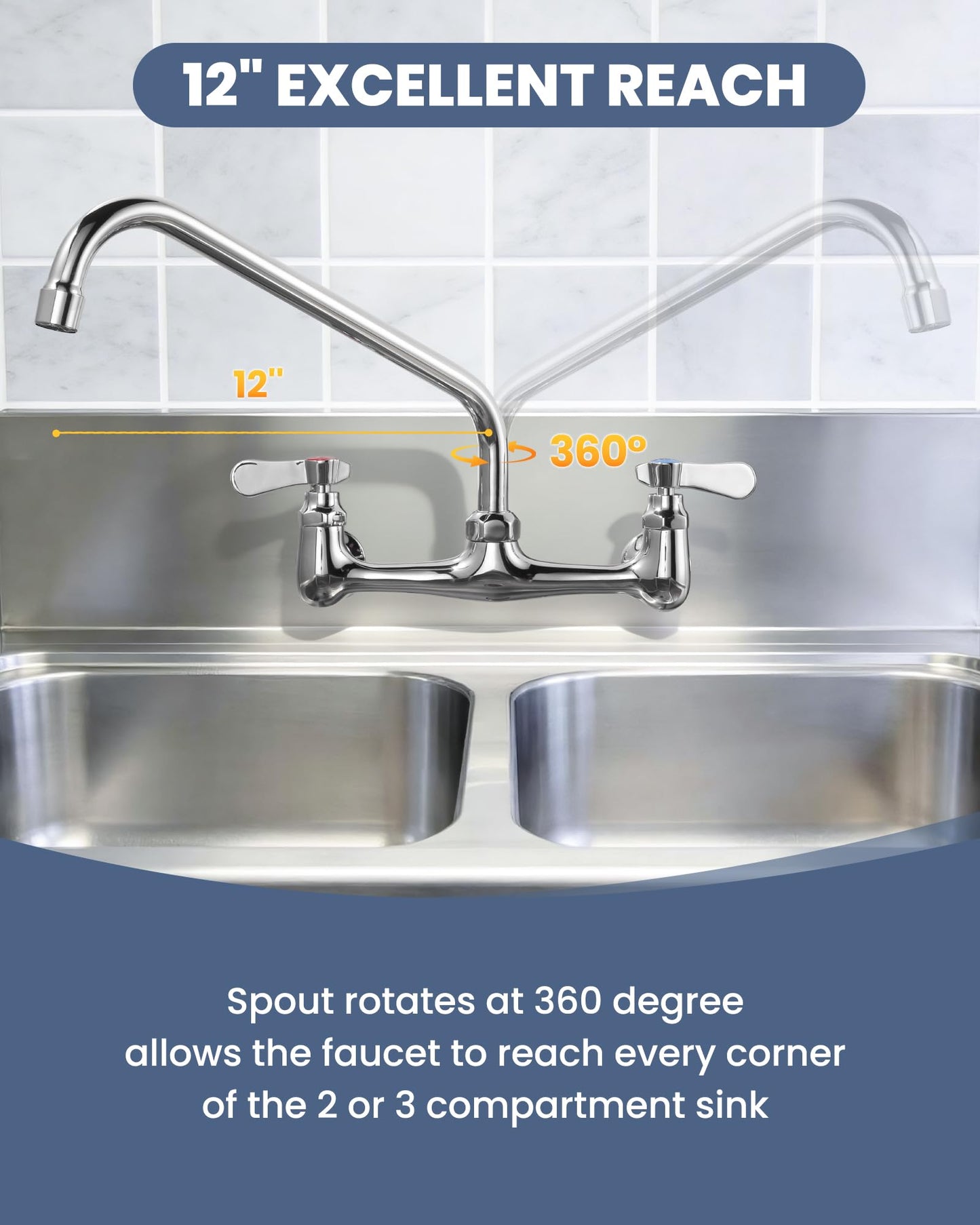 iVIGA Commercial Sink Faucet with 12” Swivel Spout, 8" Center Wall Mount Kitchen Faucet, Dual Handles Brass Utility Sink Faucet for Laundry Room Restaurant Compartment Sink, Polish Chrome