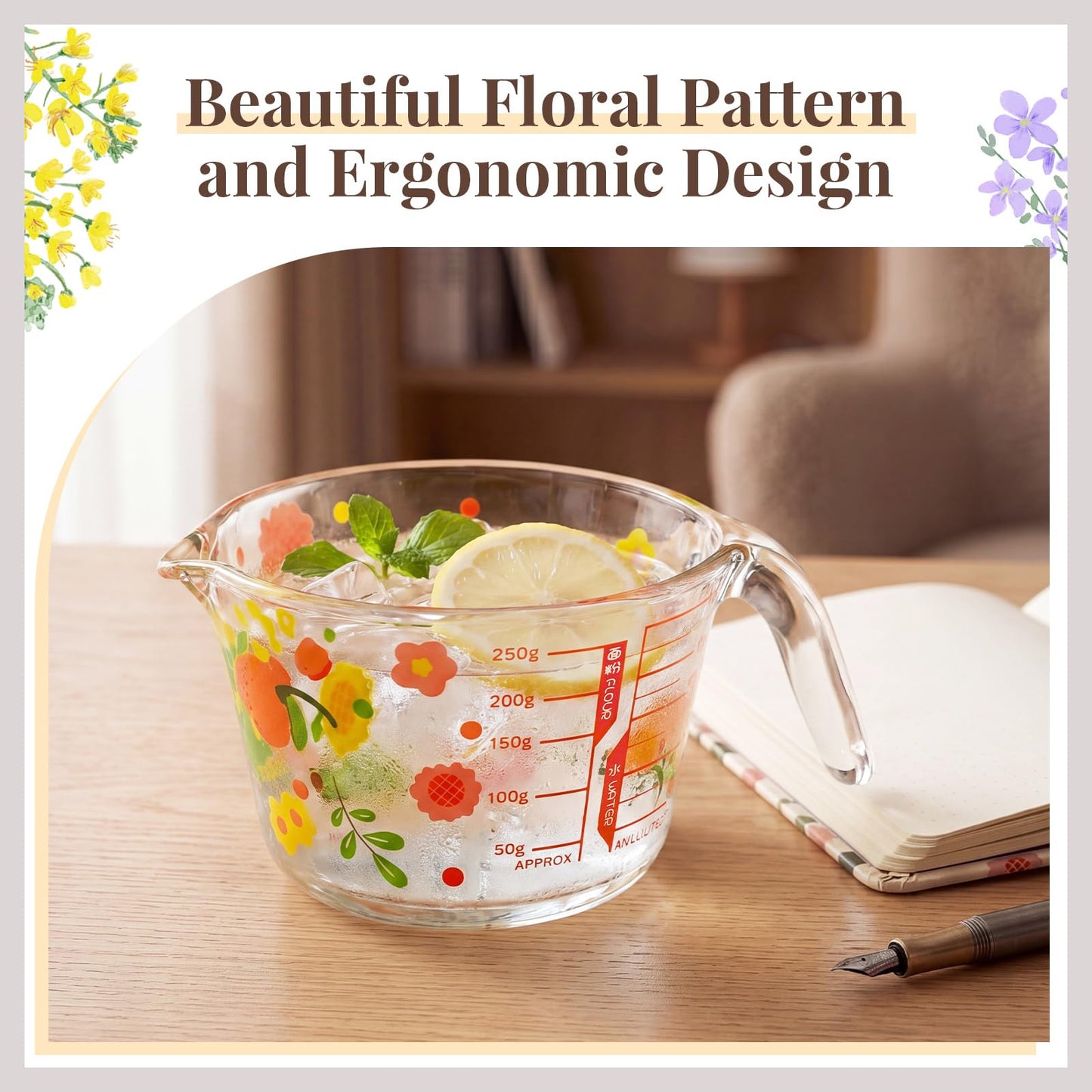 Domensi 17 OZ Floral Glass Measuring Cup with Handle and Pouring Spout Clear Milk Cup for Kitchen Baking, Heat Resistant Glass Pitcher for Coffee Tea Microwave Safe Milk Jug(Cute Floral)