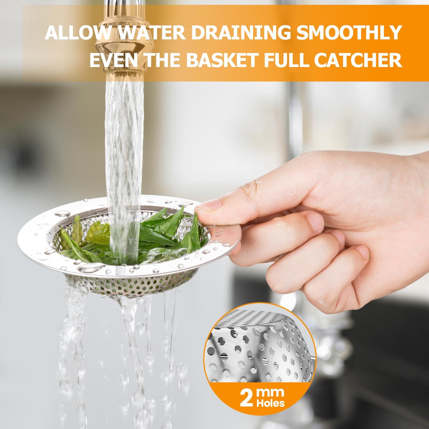 Huntonry 2PCS Kitchen Sink Drain Strainer/Catcher/Basket/Cover/Filter/Trap/Screen, Large Wide Rim 4.5" Diameter, Stainless Steel, Dishwasher Safe