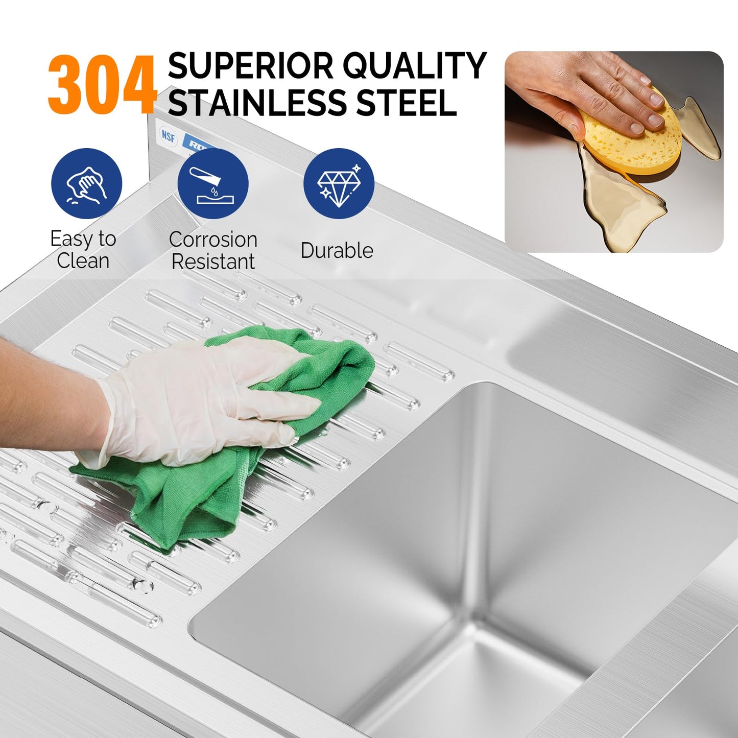 ROVSUN NSF 3 Compartments Bar Sink, Commercial Stainless Steel Underbar Sink with Double Drainboard, Freestaning Large for Kitchen, Bar, Laundry, Garage Use, 60 L x 33 W x 18.4 H