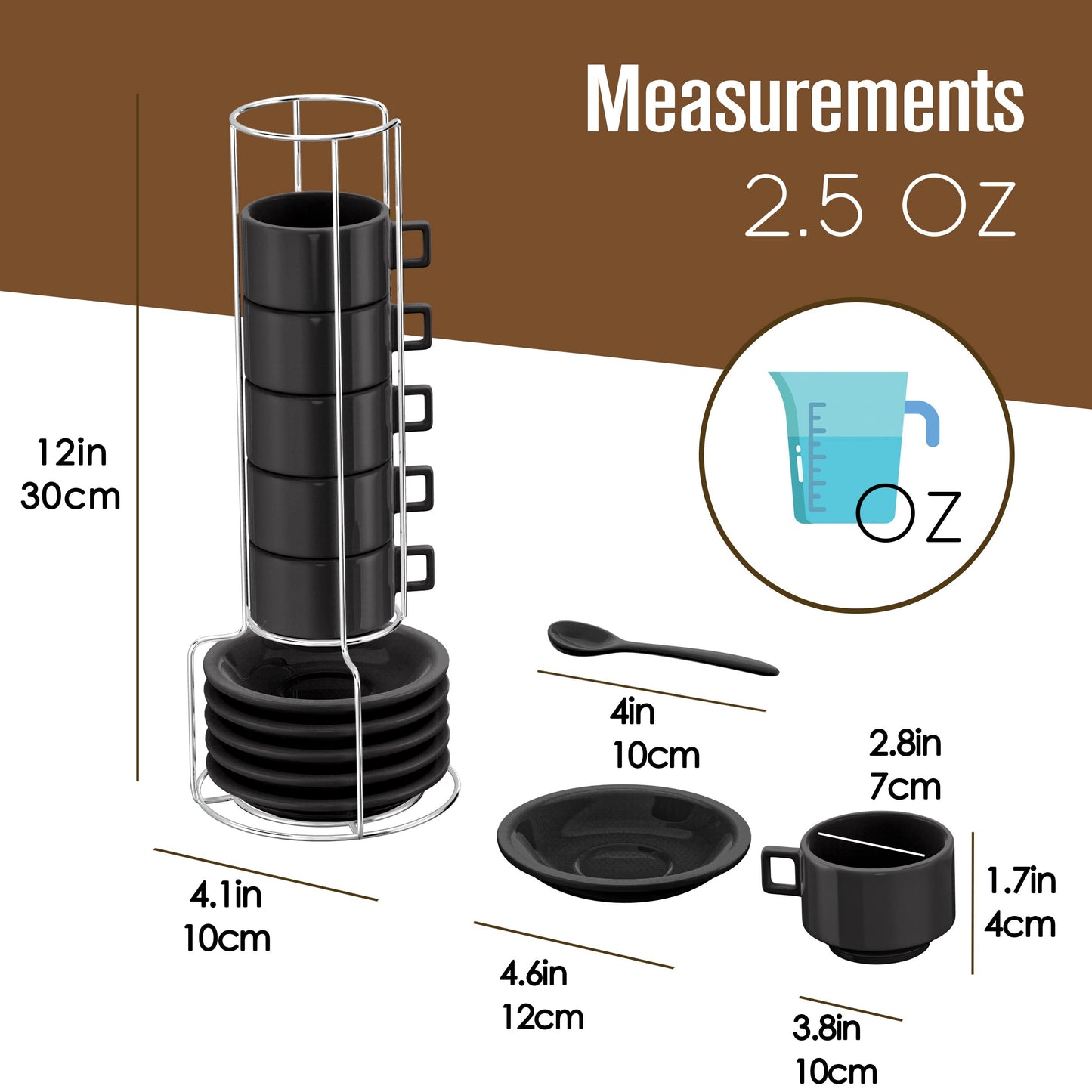 Houseables Espresso Cup Set, Espresso Cups Stackable, Expresso, Demitasse, with Saucers, Stand, Spoons, Coffee Mugs, Juego De Tazas Para Cafe, Porcelain, Stacking, 19 Pieces, Set of 6, 2.5 oz, Black