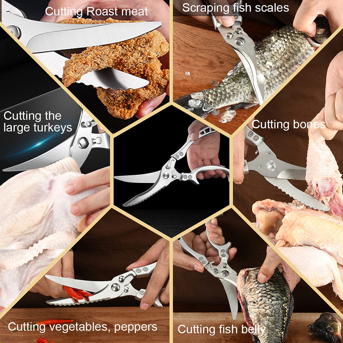 ANDONG Upgrade Heavy Duty Stainless Steel Kitchen Scissors - Professional Poultry Shears for Bone, Meat, Chicken, Fish, Turkey, Vegetables,Spring Loaded Multipurpose Ultra Sharp Utility Scissors