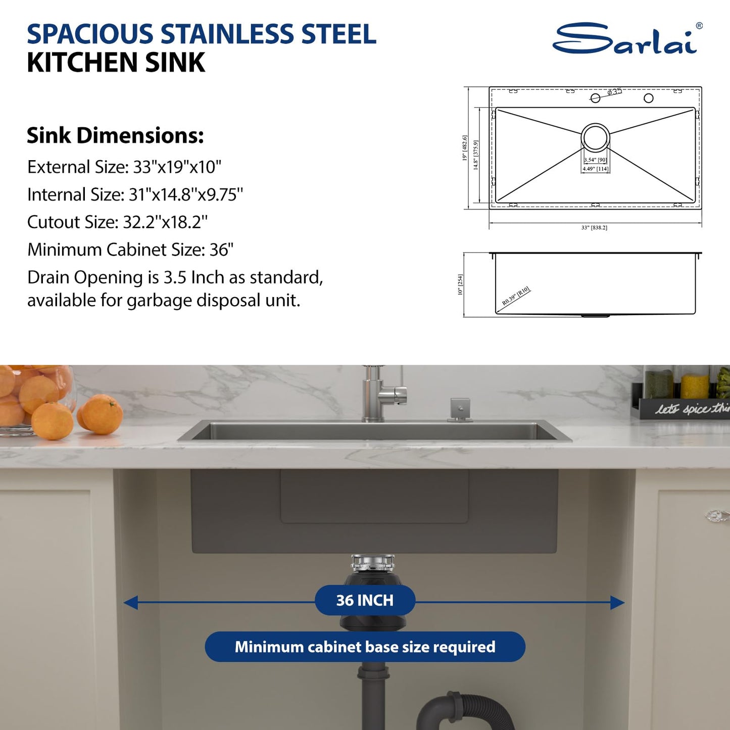 Sarlai 33 Inch Drop In Kitchen Sink - 33x19 Inch Kitchen Sink Drop In Stainless Steel Topmount Sink 16 Gauge Single Bowl Deep Top Mount Kitchen Sinks Basin