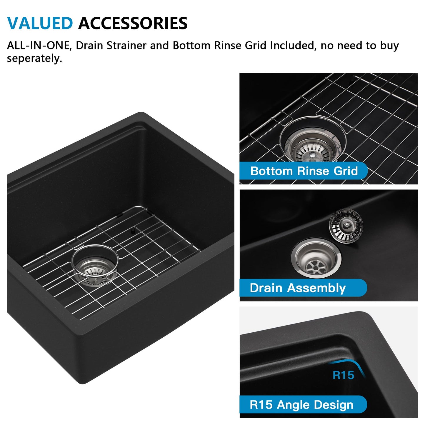 Fulorni 21"x18" Undermount Wet Bar Sink Workstation - Matte Black Granite Composite Quartz Classic Single Bowl Under Counter Small Kitchen Bar Prep RV Sink Basin