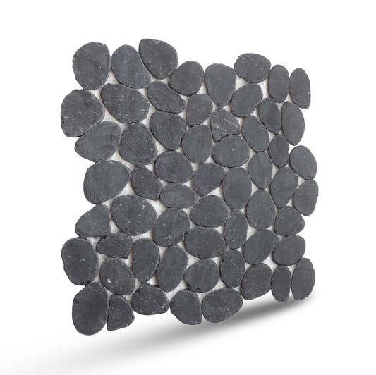 PEBBLETILE.CO Charcoal Sliced Pebble Mosaic, Tumbled Stone Backsplash Tiles for Kitchen Walls, Shower and Bathroom Floors, and Outdoor Areas (12" X 12")