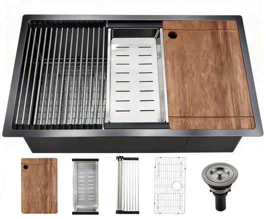 30" Black Stainless Steel Workstation Kitchen Sink, Large Single Bowl Drop-In Undermount Farmhouse Sink (Black, 3018)