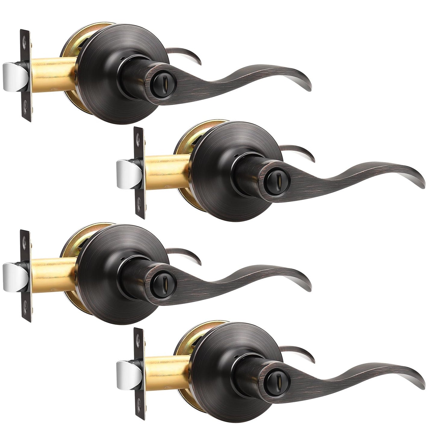 GOBEKOR 4 Pack Privacy Door Levers - Oil Rubbed Bronze Keyless Handles for Bedroom and Bathroom - Bronze Wave Interior Handle With Lock