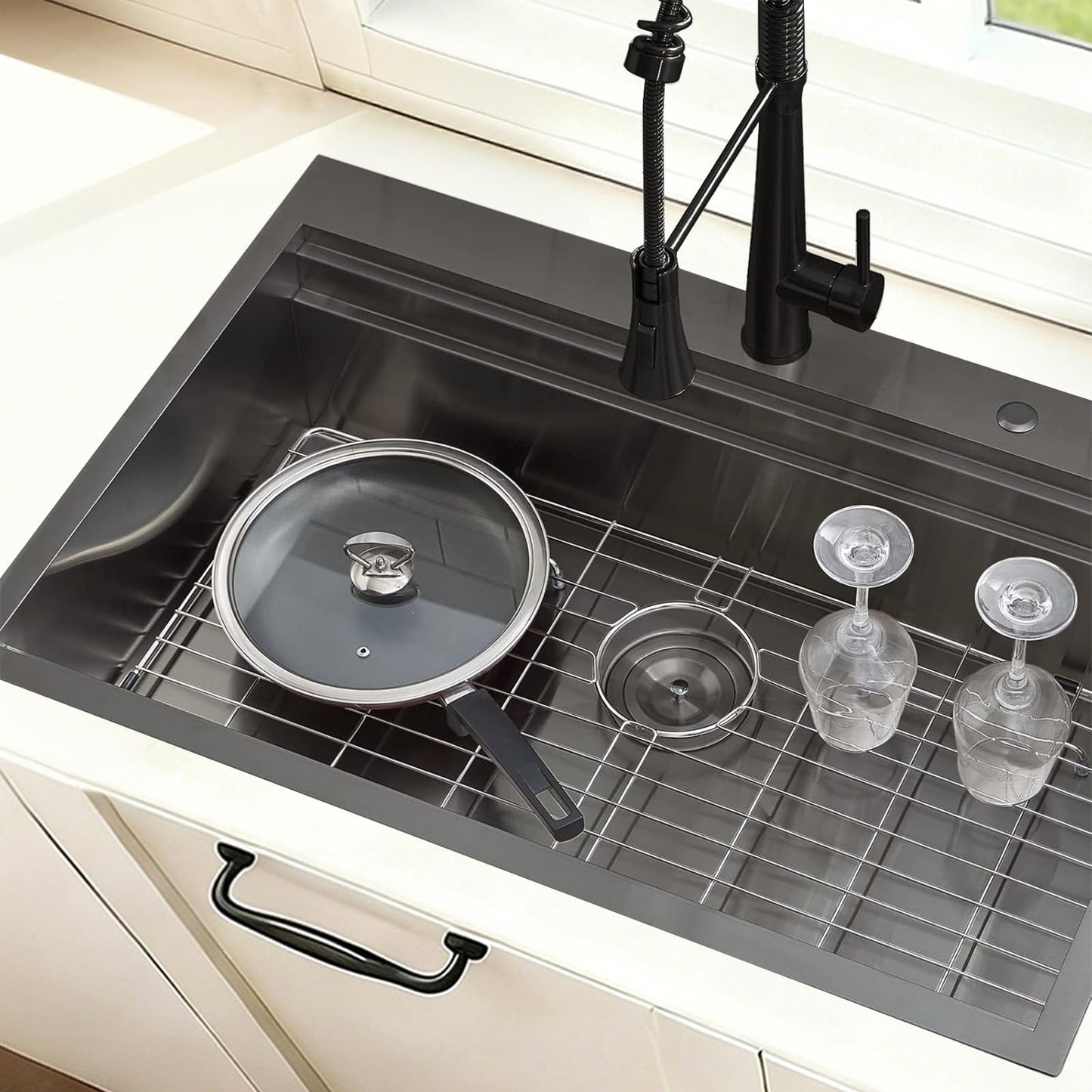 SHACO 33x22 Black Drop In Kitchen Sink, 33 Inch Topmount Gunmetal Black Stainless Steel Single Bowl Overmount Double Ledges Workstation Sink with Accessories