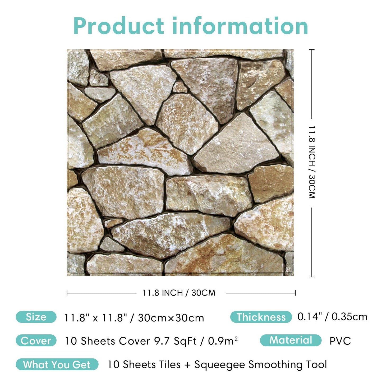 Commomy 3D Faux Stone Peel and Stick Wall Tiles - Fake Stone Wall Sticker 10 Pcs of 11.8" x 11.8" Thin Ultralight PVC Rock Wall Tile Interior Wall Covering Kitchen Backsplash,Interior Wall Decor