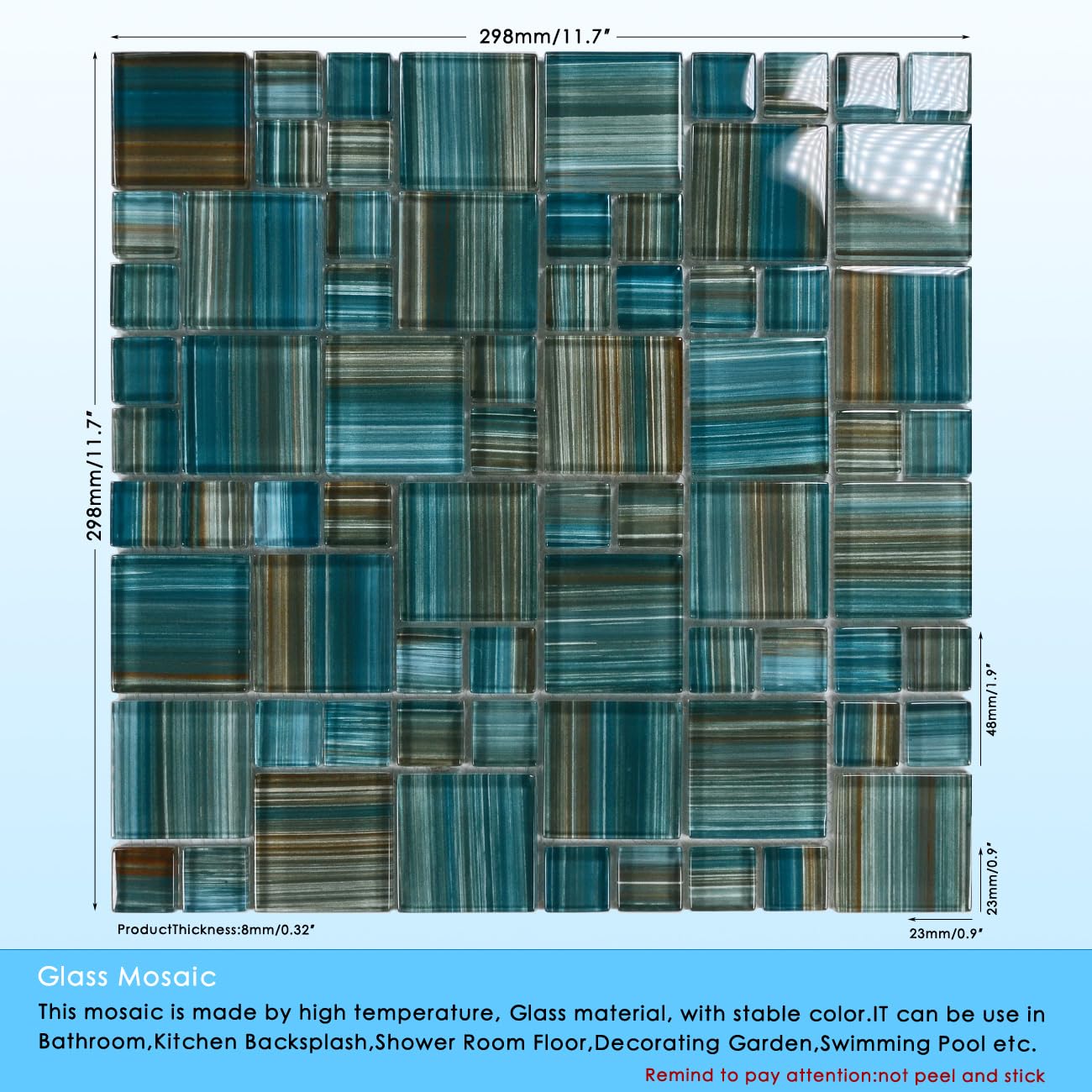 VividCraftX 4 Sq.Ft Premium 6mm Glass Mosaic Pool Tile, Dual-Size Square Pattern for Shower & Kitchen Backsplash, Waterproof for Spa & Waterline (Aegean Coastal Mix)