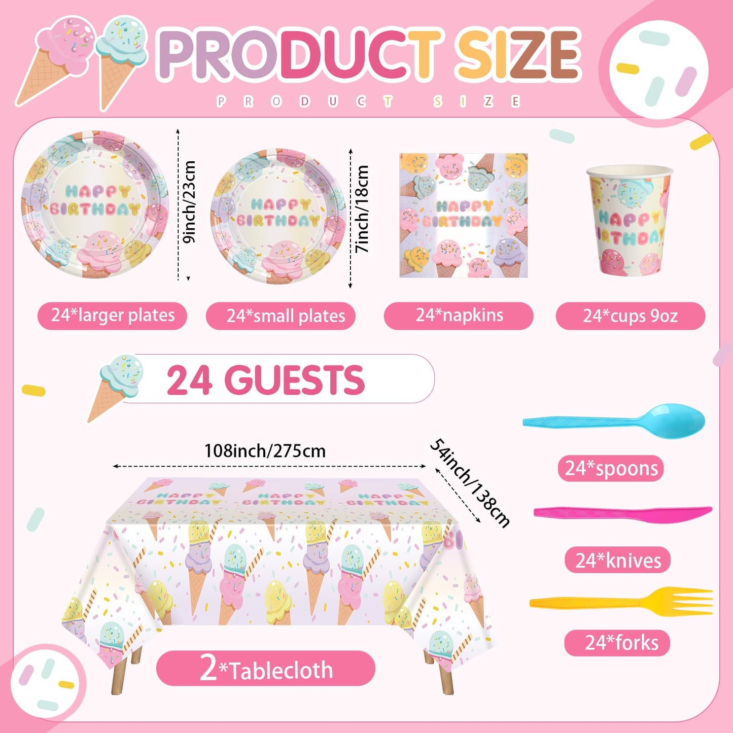 LOYIM 194 Pcs Ice Cream Birthday Party Decorations Supplies 24 Guest Disposable Dinnerware with Ice Cream Tablecloth Paper Plates Cup Napkin Plastic Fork Knives Spoon for Grow up Party Shower