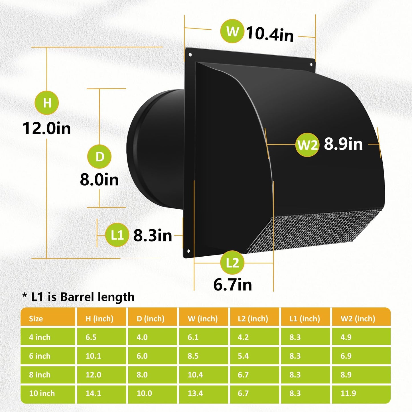 8 Inch Hooded Wall Vent with Screen& Damper,Arc-Shaped Wall Exhaust Vent Cover Cap Suit for Residential Housing,Kitchen Rangeand Outside Air Exhaust,Black