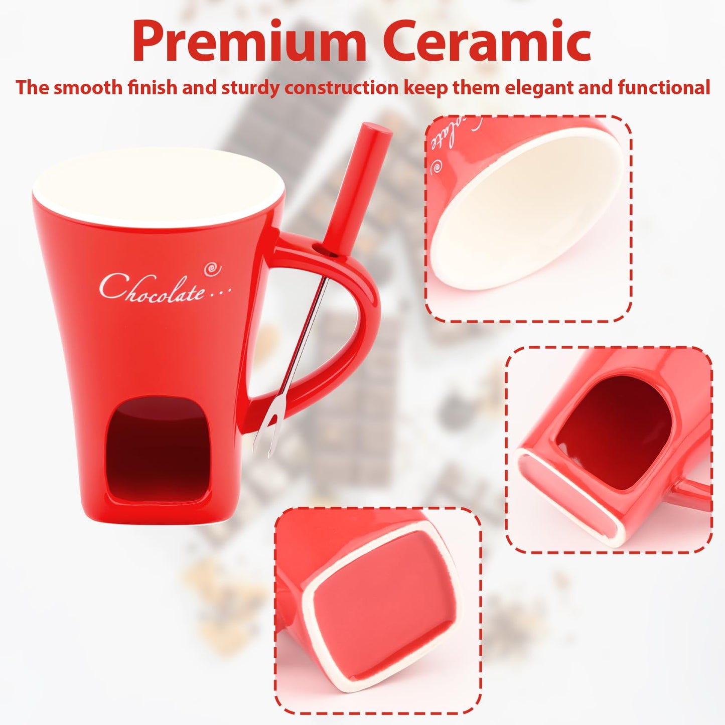 Fondue Mug with Forks Chocolate Melting Cup Ceramic Mini Tealight Pot for Coffee Cheese Candy Warmer Camping Date Movie Night Birthday Wedding Desserts (Red)