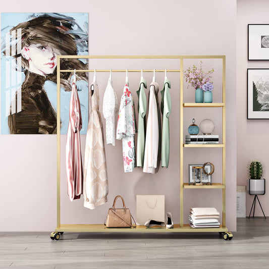 Smlttel Gold Clothing Racks with Shelf, Boutiques Retail Display Gold Clothes Rack, Multiple Uses Heavy Duty Garment Rack for Hanging Rods for Home and Retail