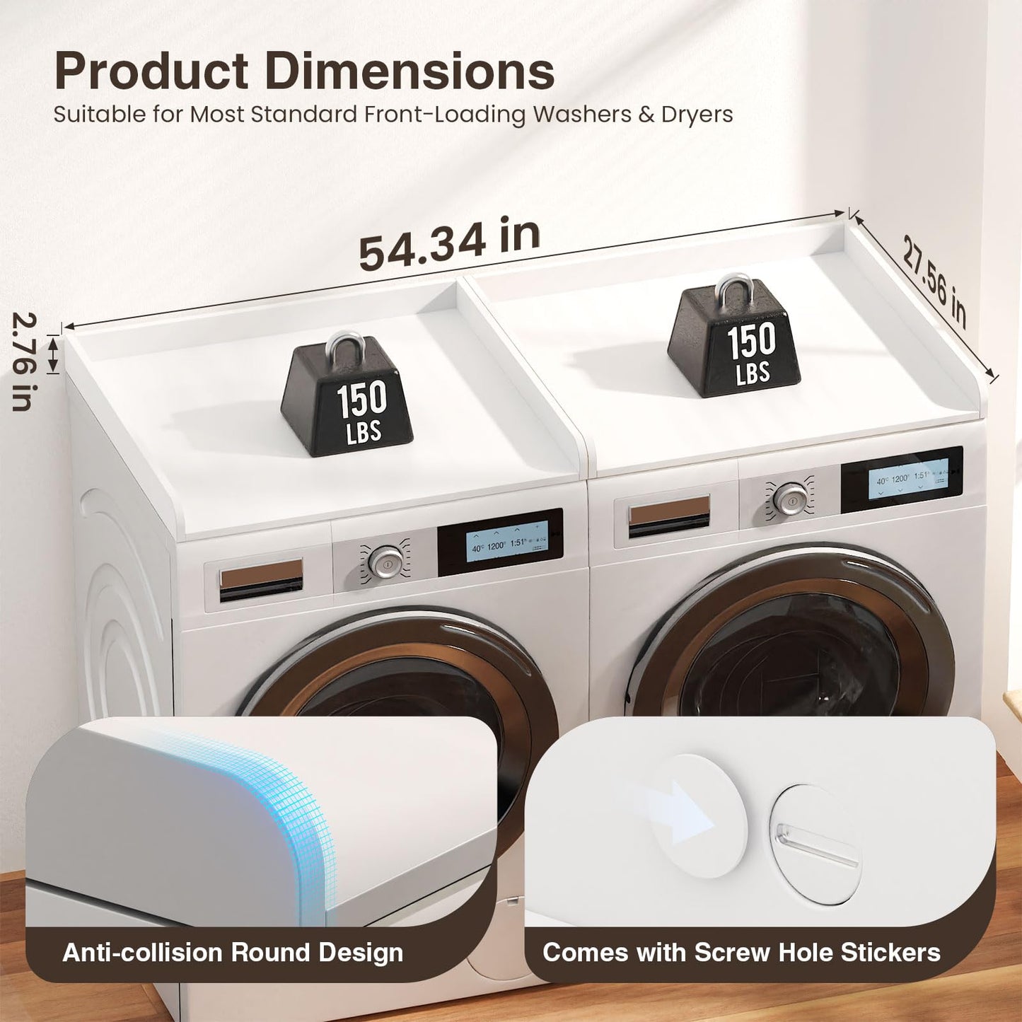 Washer Dryer Countertop Set of 2, 54.34" L x 27.56" W x 2.76" H Laundry Topper for Washer and Dryer, Wood Laundry Countertop with Anti-Slip Pads & Edge Rails for Laundry Room Organization (White)