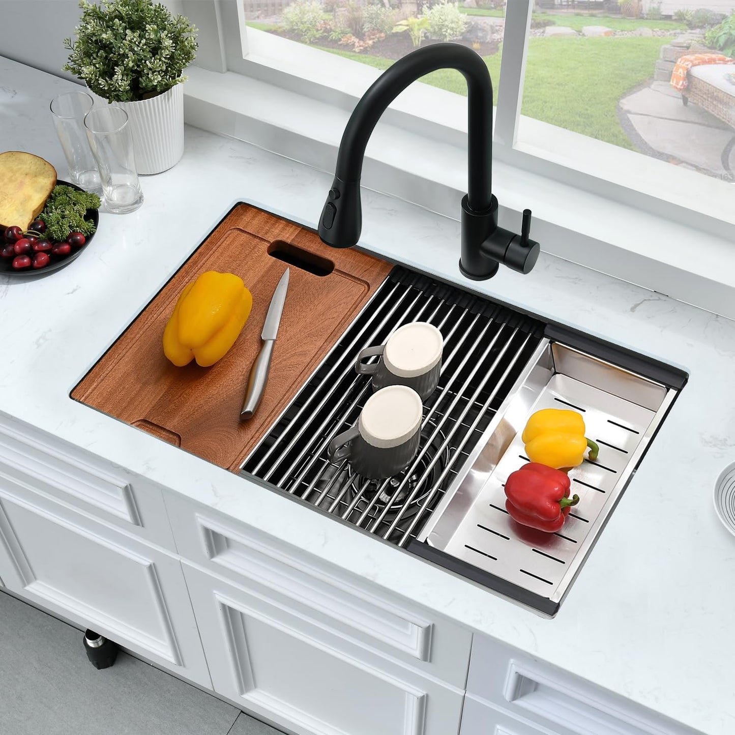 33 Inch Black Undermount Kitchen Sink Workstation-Bokaiya 33x19 Kitchen Sink Undermount Black Stainless Steel 16 Gauge 10" Deep Single Bowl Kitchen Sinks with Cutting Board