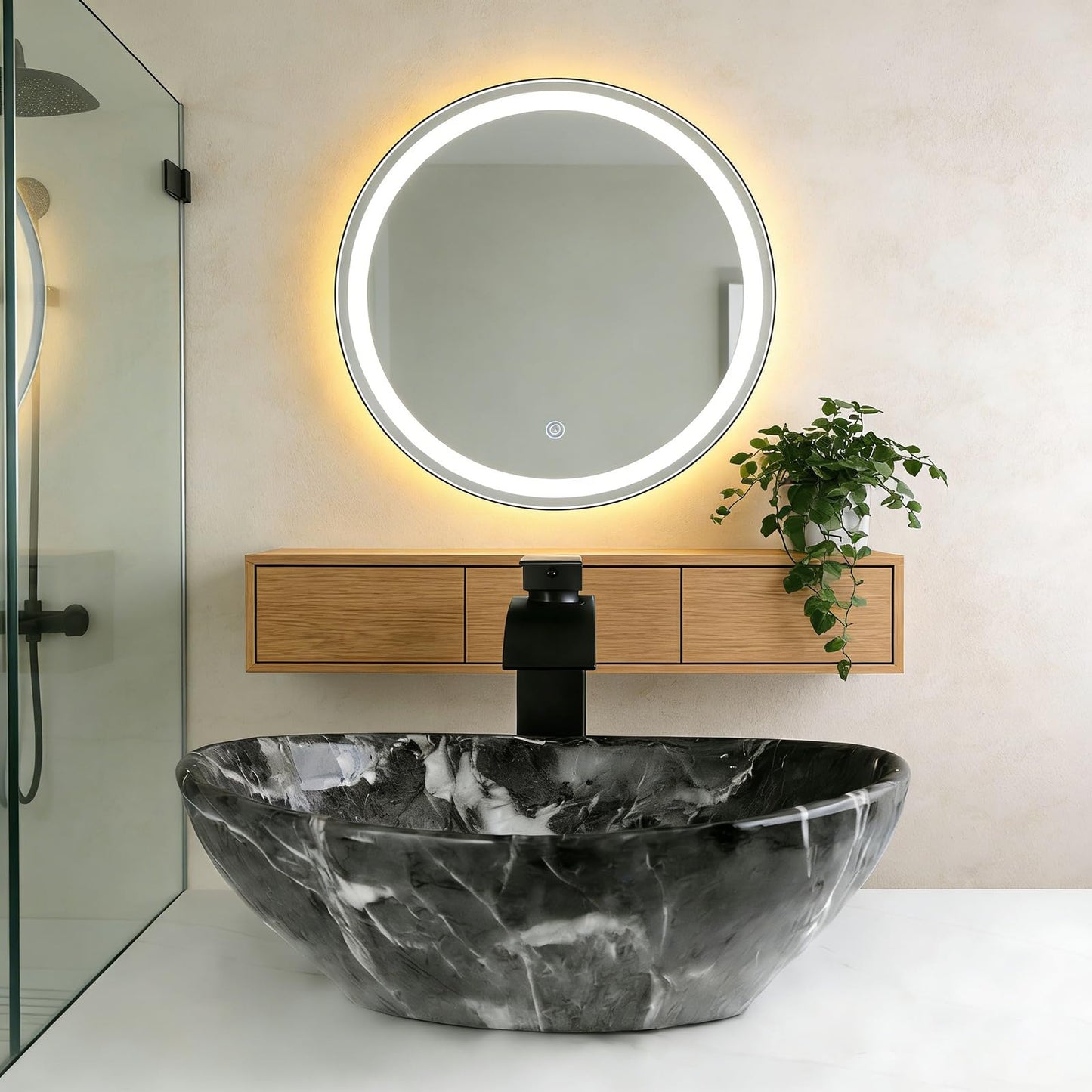 Sinku Mccut Ceramic Vessel Sink Oval Black Above Counter Bathroom Vessel Sink with Faucet and Drain Combo Marbling