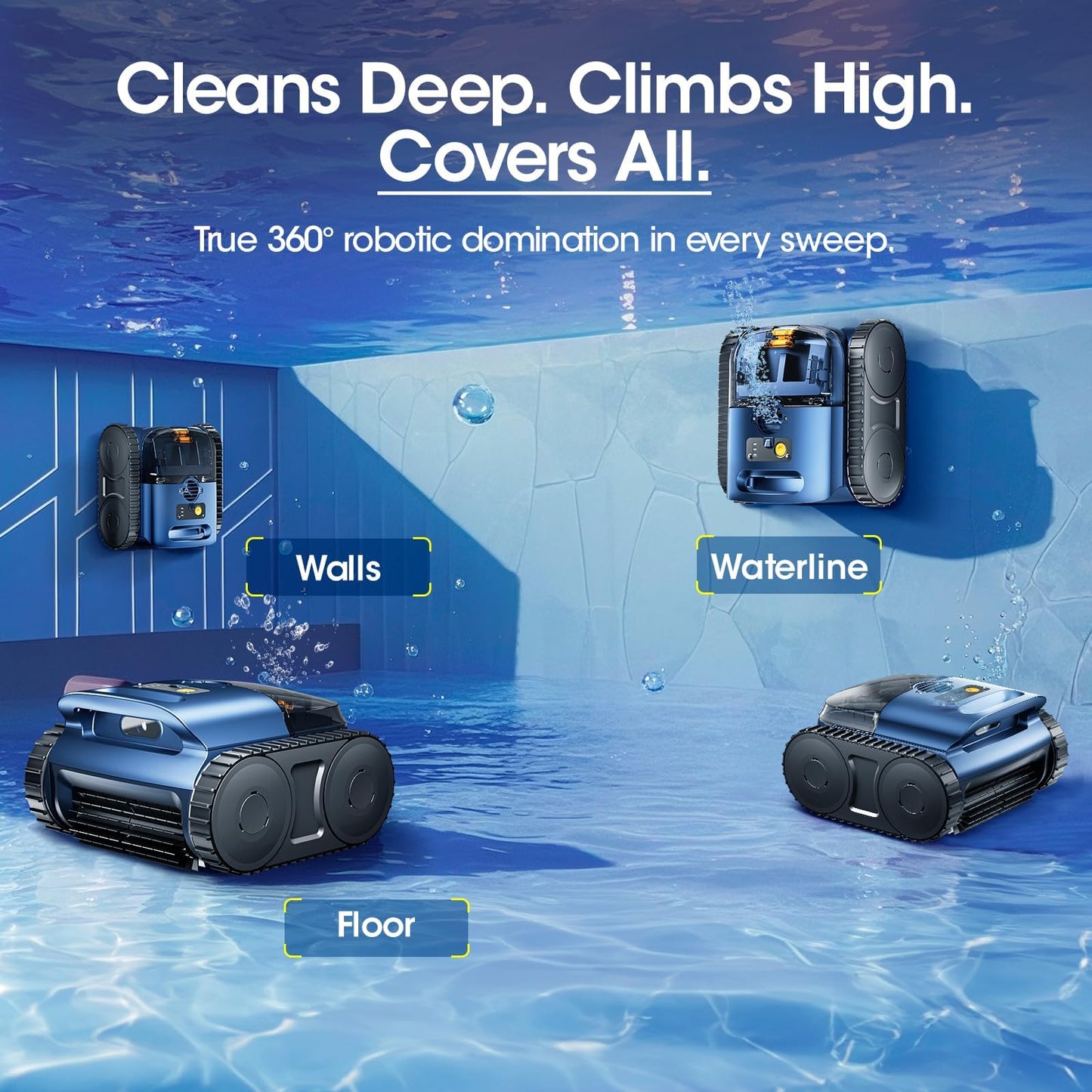 Cordless Robotic Pool Vacuum, Pool Cleaner with Track Drive & Sonar Navigation, 180W Brushless Motor, Wall & Waterline Climbing, 150-Min Runtime, for Inground & Above-Ground Pools up to 2150 Sq. Ft.