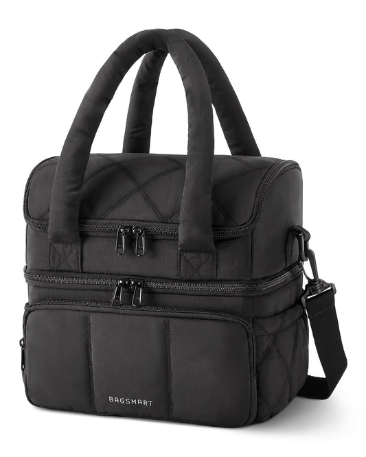 BAGSMART Lunch Bag Women, Double Deck Insulated Lunch Box, Quilted Puffer Lunch Tote, Leakproof, Durable & Reusable Large Lunch Cooler For Work Picnic Travel Meal Prep, Black