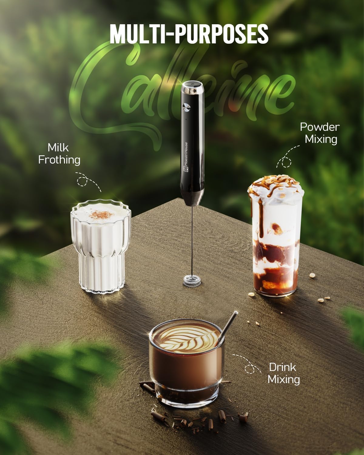 Maestri House Rechargeable Milk Frother, LunaFro NS Handheld Electric Foam Maker Waterproof Detachable Stainless Steel Whisk Drink Mixer Foamer for Lattes, Cappuccino, No Stand