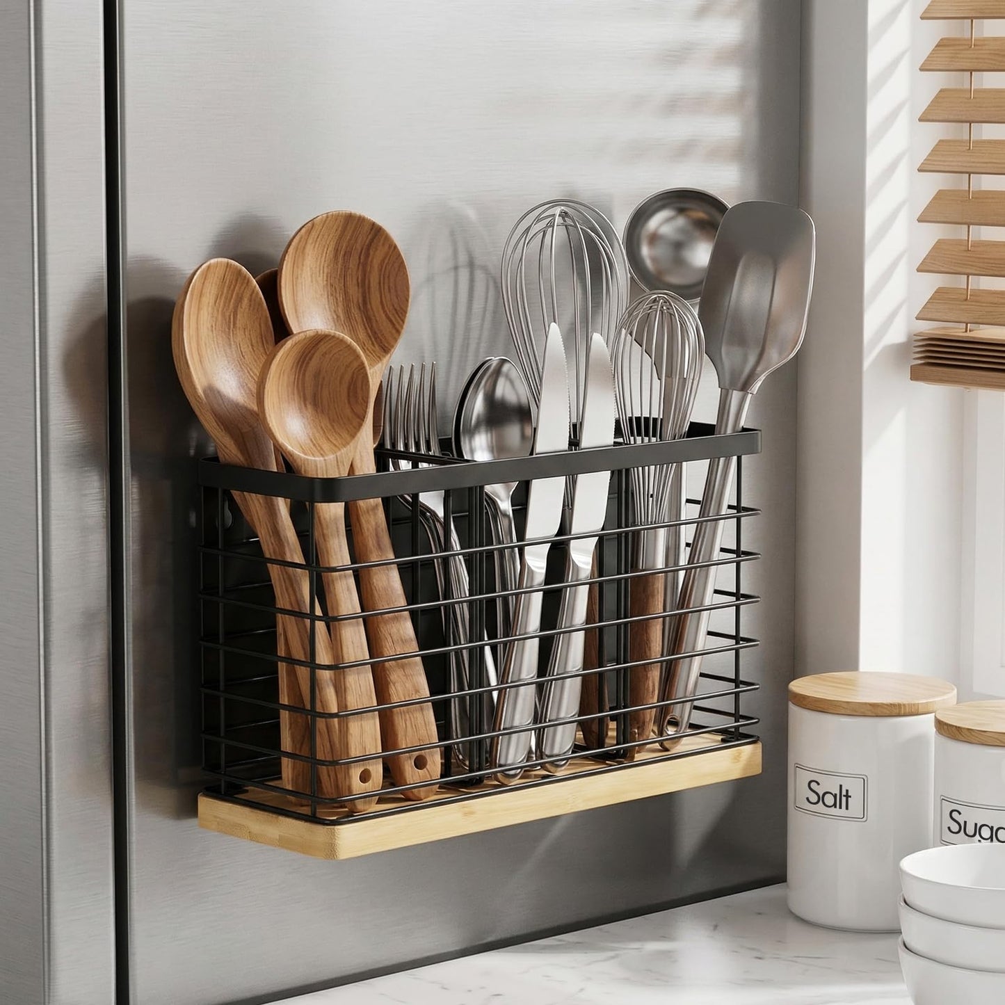 MSJGA Magnetic Utensil Holder for Fridge - 3 Compartment Wall Mounted & Countertop Metal Utensil Organizer with Bamboo Base, Kitchen Utensil Caddy for Spoons, Forks, Knives, Black