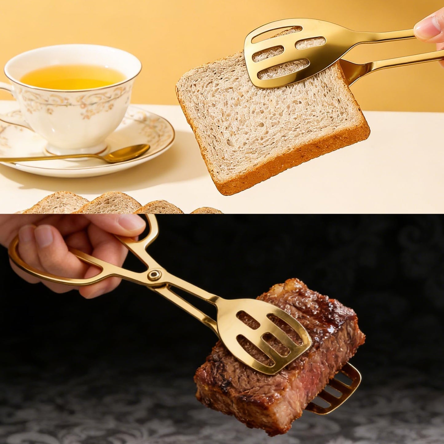 Premium Gold Salad Tongs for Serving - 10-Inch Stainless Steel Scissor Tongs, Heavy Duty Metal Salad Tossers with Comfort Grip, Elegant Food Serving Utensils for Tossed Salad, Fruit & Parties