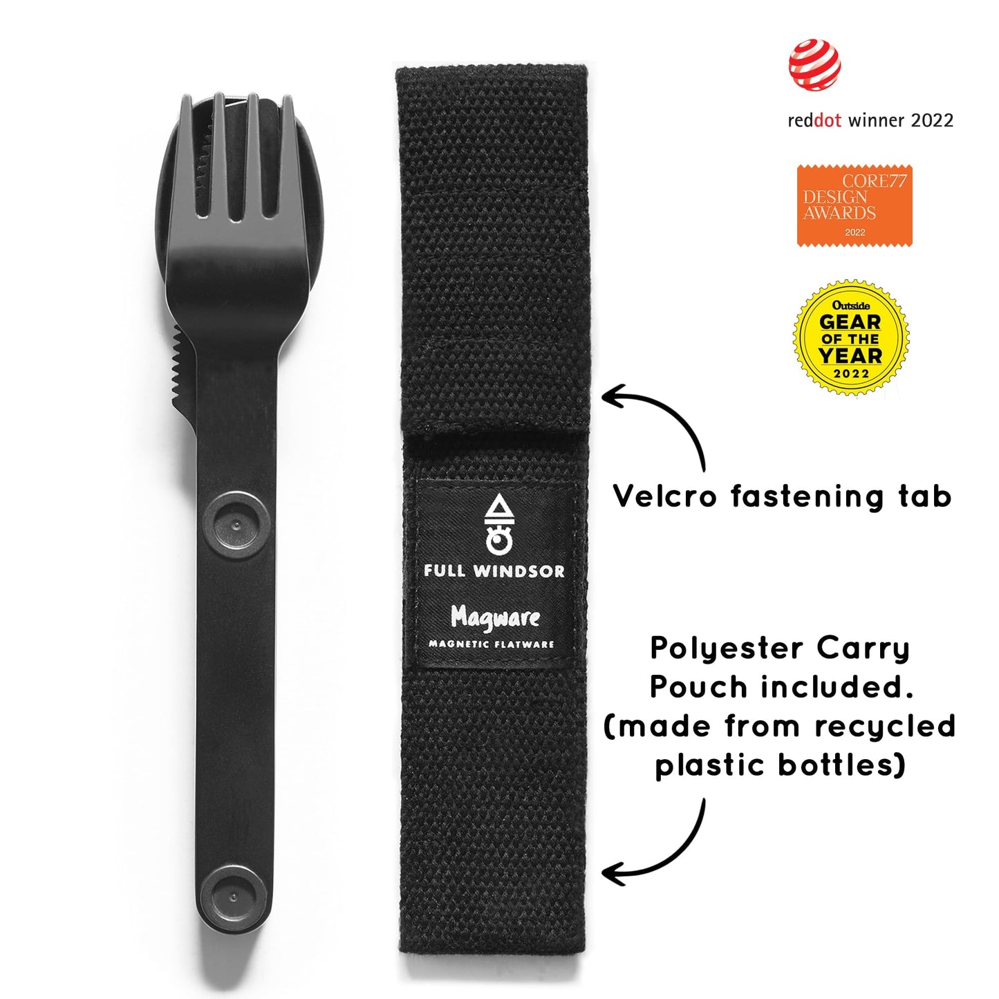 FULL WINDSOR Magware Camping Set - Travel Utensils for Outdoor Dining, Backpacking & Camping Essentials - Knife, Fork & Spoon with Pouch - Magnetic Silverware Lunchbox Utensils Cutlery - Black (3 PCS)