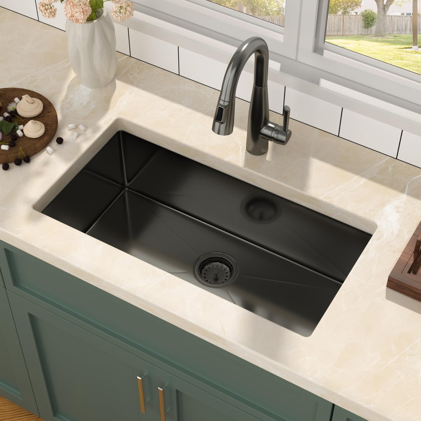 Mocoloo 30 Inch Undermount Kitchen Sink - 30"x16" Black T304 Stainless Steel Handmade Single Bowl Deep Basin Under Counter Sink with Drain Assembly
