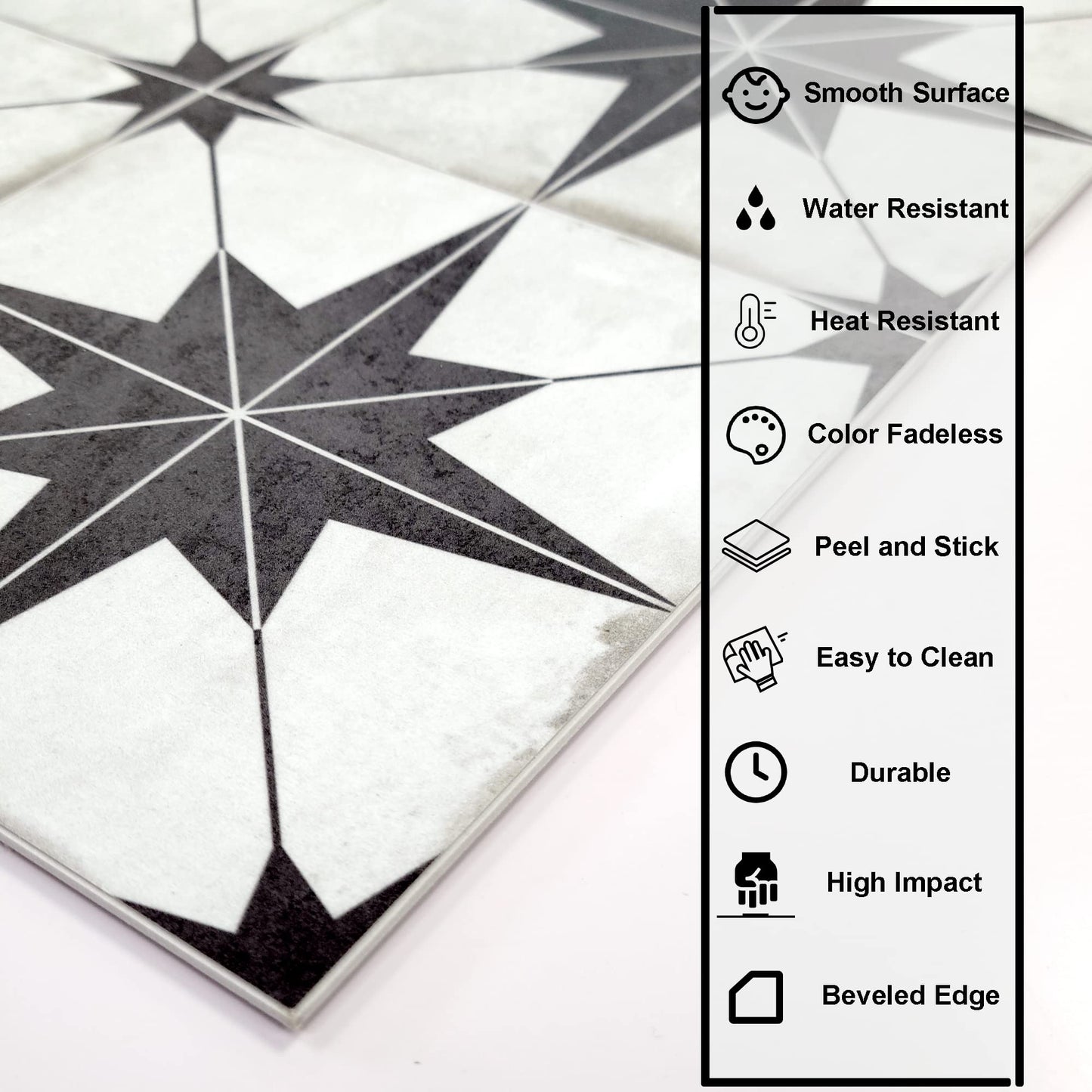 The Tiles Plaza Encaustic Peel and Stick Backsplash, Black Star Patterned Vintage Stick on Tiles, Stone Composite Self-Adhesive Wall Tile Sticker for Kitchen Bathroom Fireplace Stairs, 10 Sheets