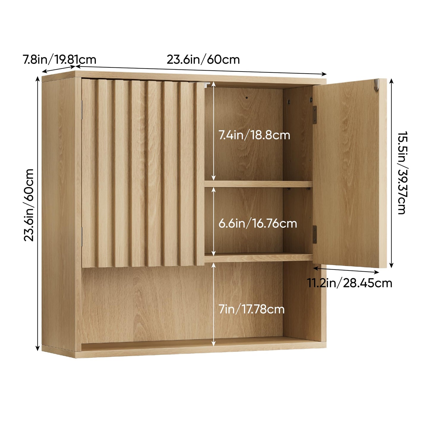 Smart FENDEE Bathroom Wall Storage Cabinet with Fluted Doors, Medicine Cabinet with Adjustable Shelf, Over The Toilet Storage Cabinet for Laundry Room & Kitchen & Living Room, Natural Oak