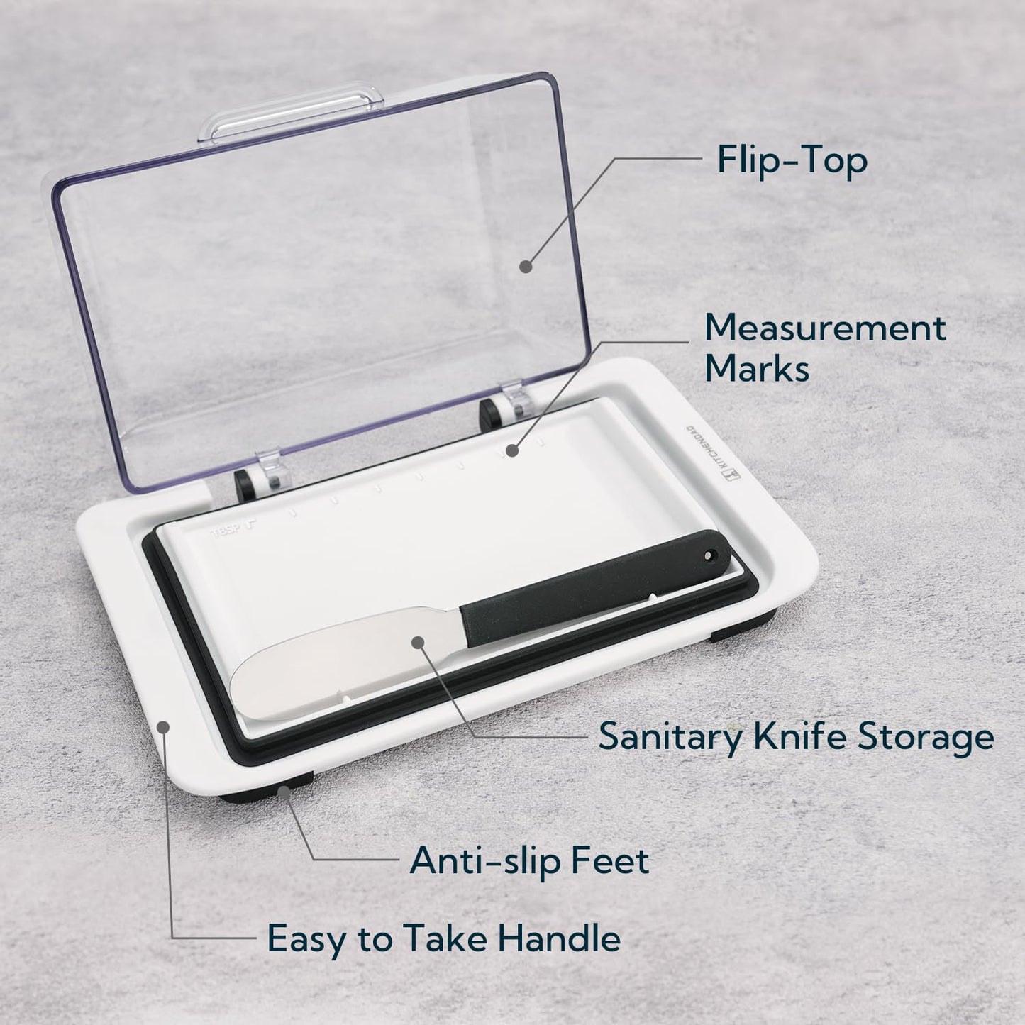 KITCHENDAO Airtight Flip-Top Butter Dish with Lid and Knife Spreader for Countertop and Refrigerator, Butter Keeper, Plastic Butter Holder Tray for 2 Sticks East Coast/ West Coast/ Kerrygold Butter
