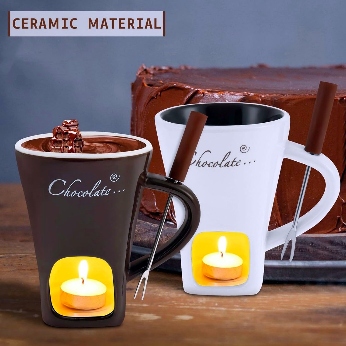 CREHNIL Chocolate Melting Mug Cheese Candy Mini Fondue Pot With Forks (Brown)