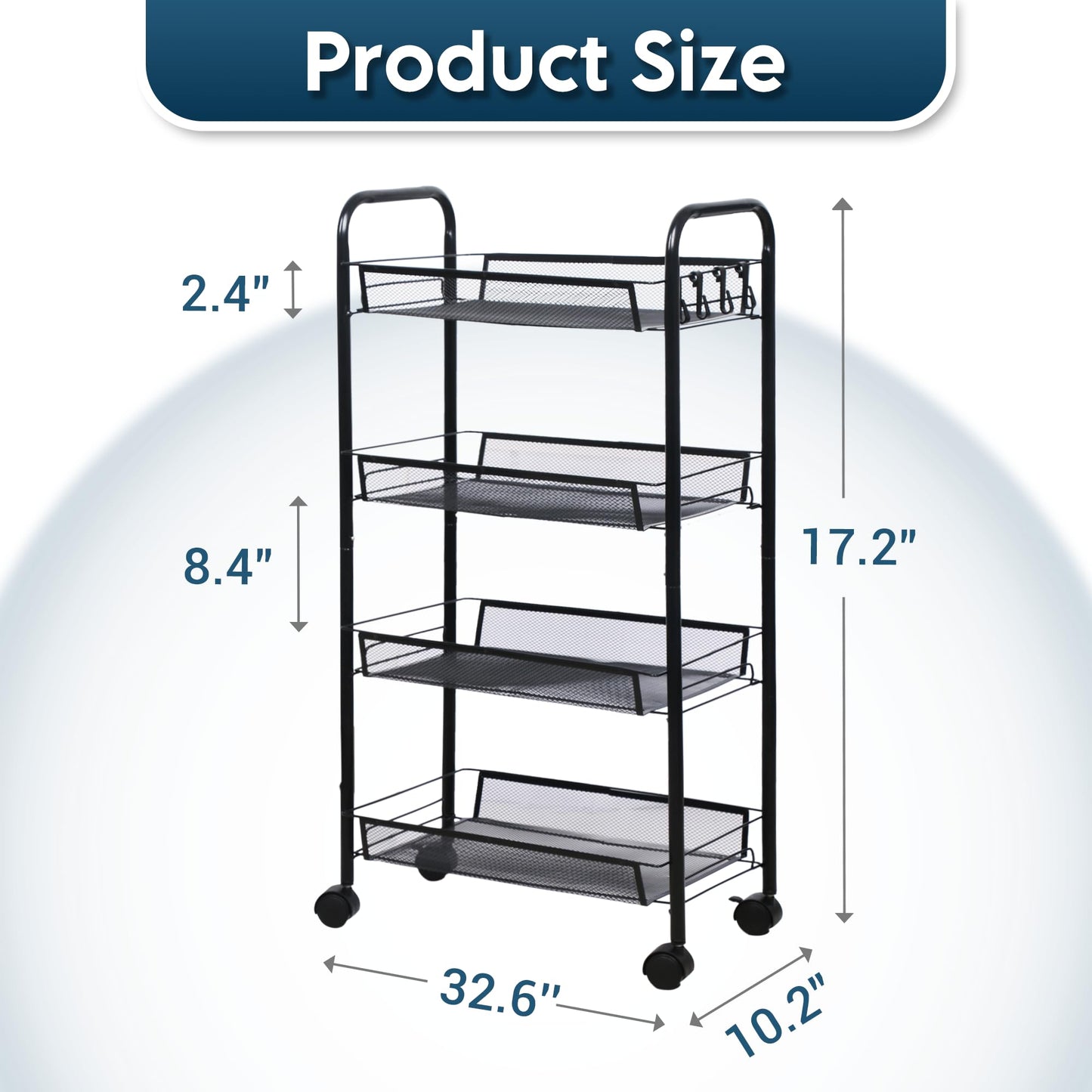 LOFTEY 4 Tier Rolling Storage Cart, Small Metal Utility Cart on Wheels, Rolling Organizer Carts for Kitchen, Bathroom, Laundry Room, Office, Easy No-Tool Assembly, Black