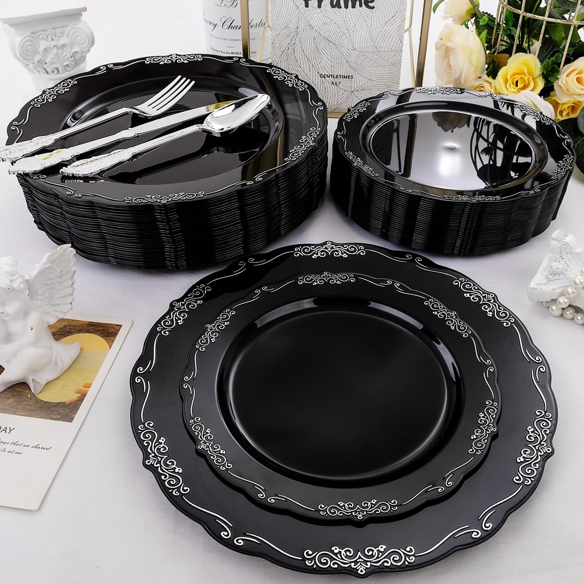DaYammi 150 Pcs Black Silver Plastic Plates & Silver Plastic Silverware,Black silver Disposable plates for Include 30 Dinner Plate,30 Dessert Plate,30 Knives,30 Forks,30 Spoons for Party Wedding