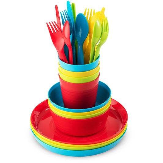 Plaskidy Kids Dinnerware Set for 4-24 Piece Plastic Childrens Dishes Dinnerware Sets Microwave/Dishwasher Safe BPA Free - Toddler Dinner Set Includes Kids Plates and Bowls Kids Cups Flatware Set