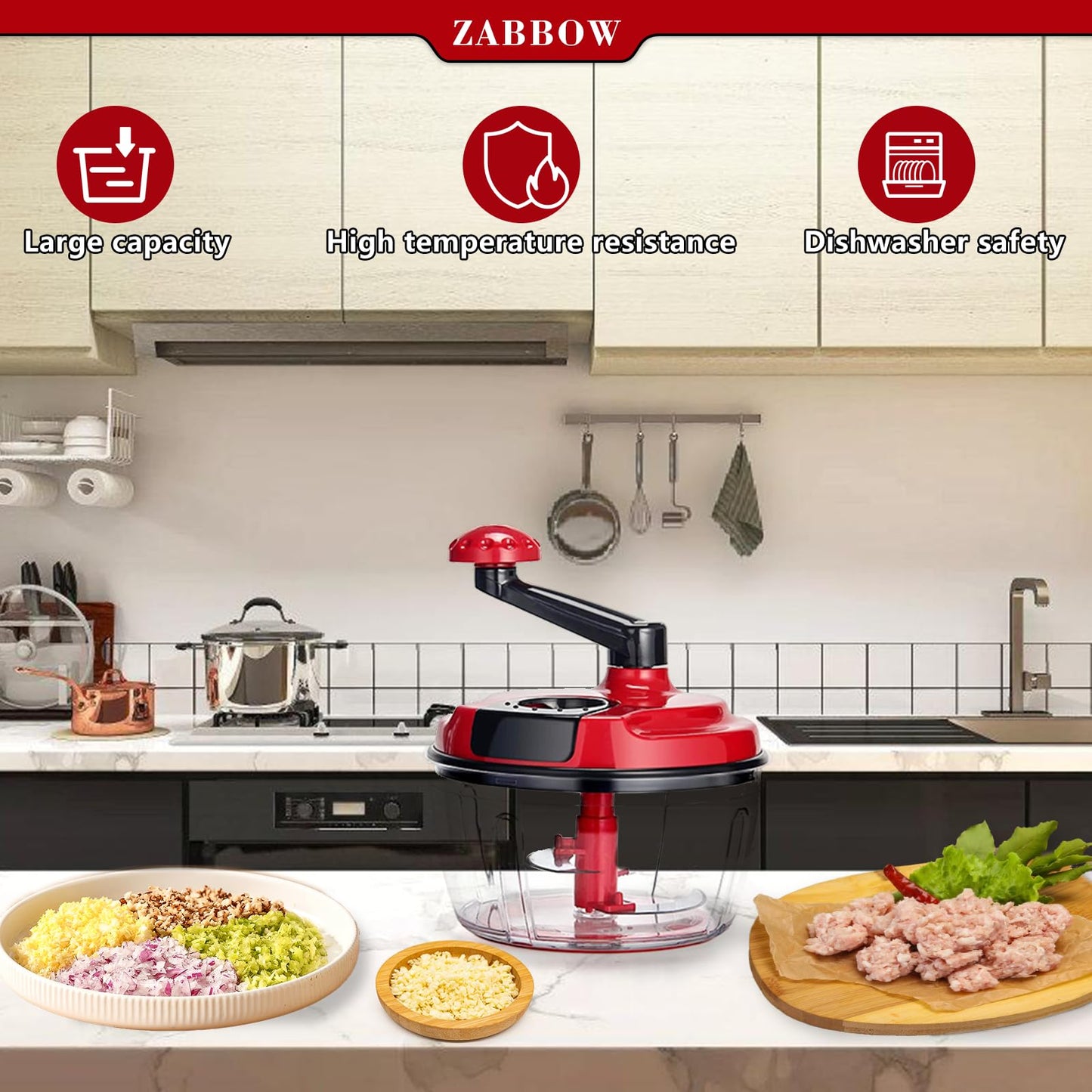 Manual Food Processor,8 Cup Hand Powered Crank Chopper,Mincer Blender with Clear Container,for Vegetables Meat Fruits Onions