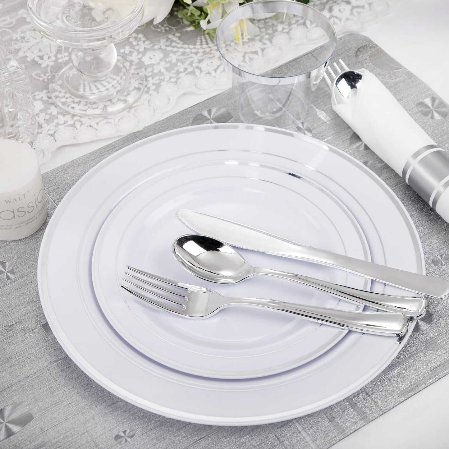 WELLIFE 210 Piece Silver Plastic Dinnerware Set for 30 Guests, Plastic Plates for Party, Include: 30 Dinner Plates, 30 Dessert Plates, 30 Pre Rolled Napkins with Silver Silverware and 30 Silver Cups