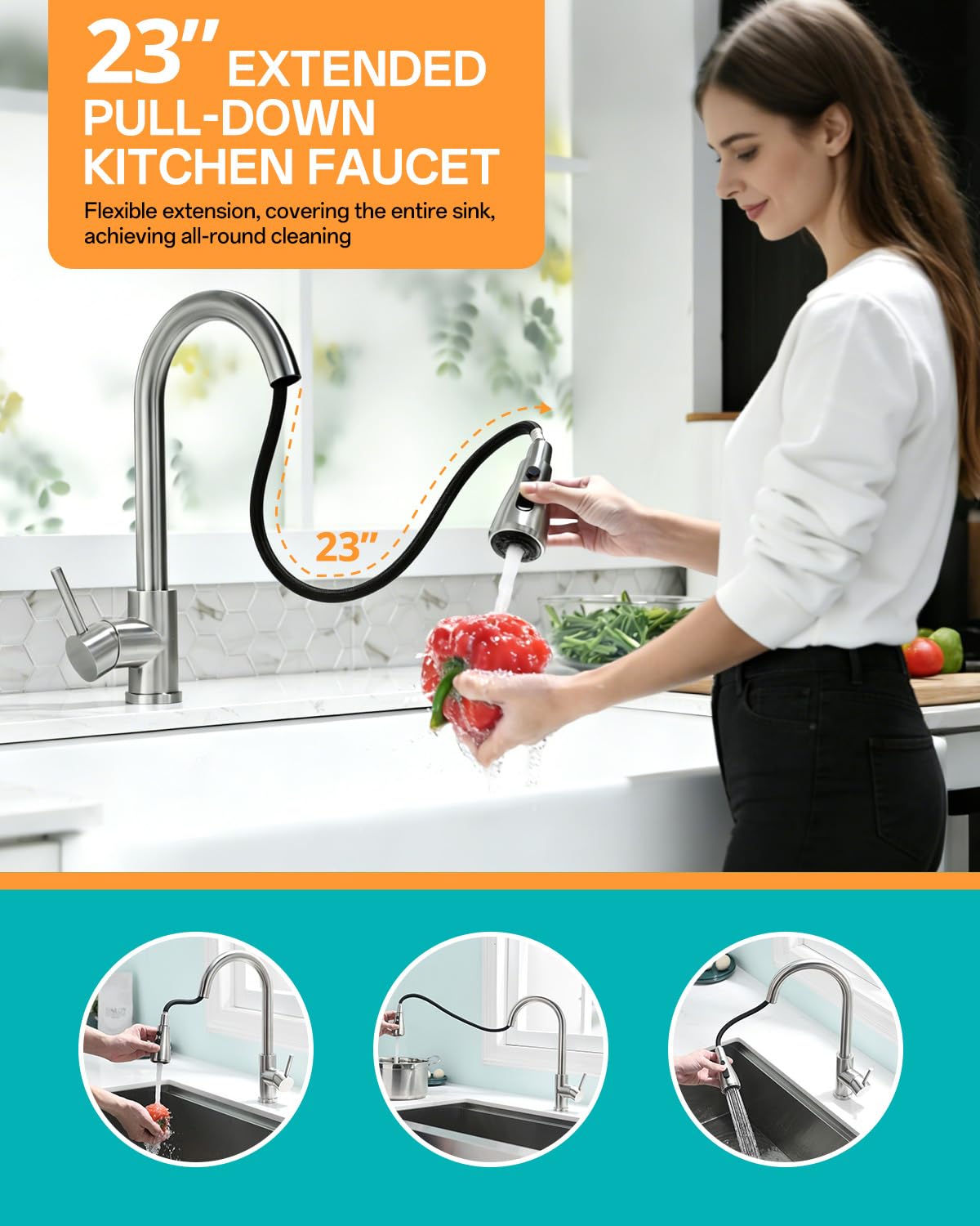 Kicimpro Kitchen Faucets with Pull Down Sprayer, NSF Certified Lead-Free 304 Stainless Steel Sink Faucet 1 Hole, Faucet for Kitchen Sink, Rv, Bar, Camper, Laundry, Easy Installation,Brushed Nickel