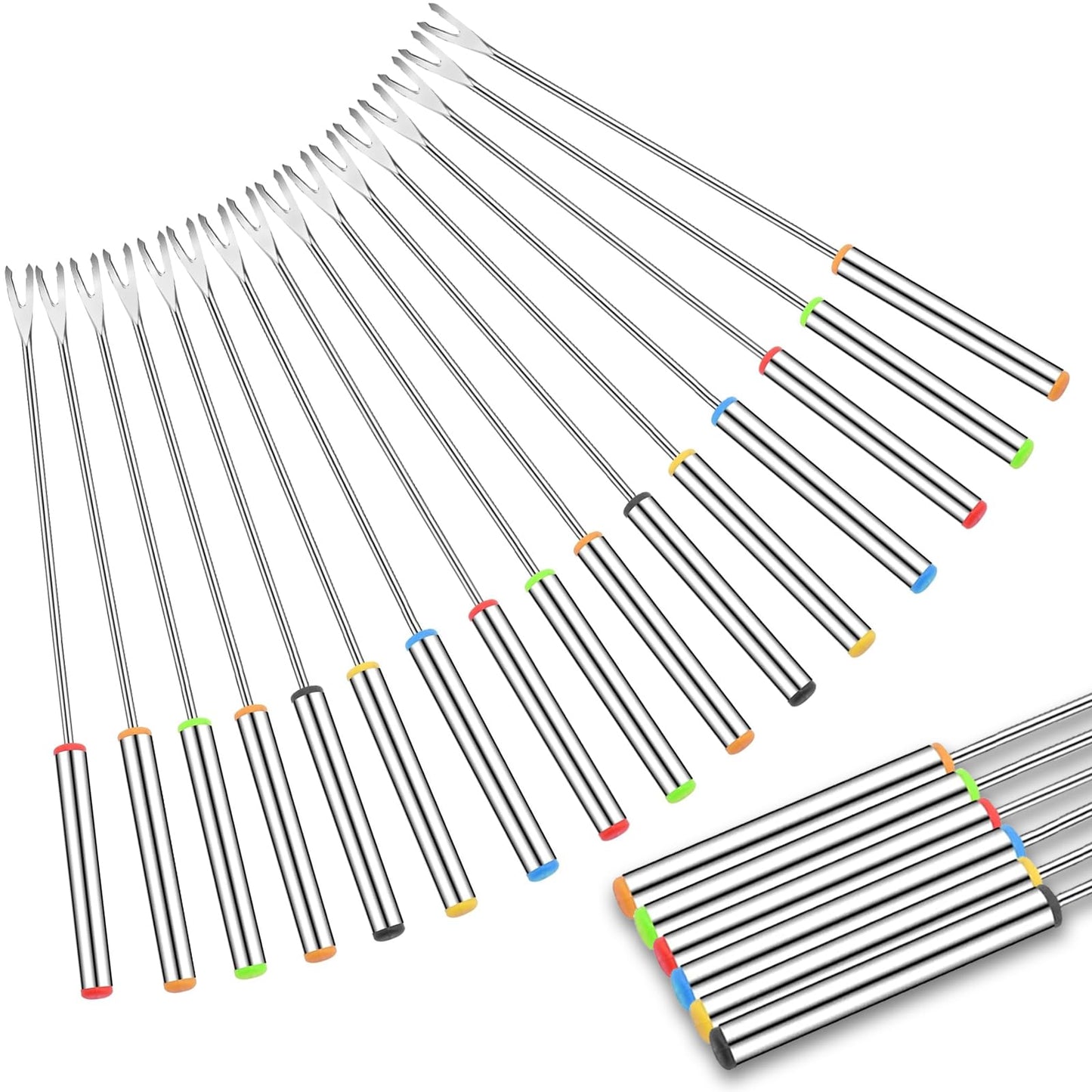 Cptoion 18 Pack Stainless Steel Fondue Forks with Heat-Resistant Handles, 9.3" Long, 6 Colors for Cheese, Chocolate, BBQ, Marshmallows, and Meat Roasting
