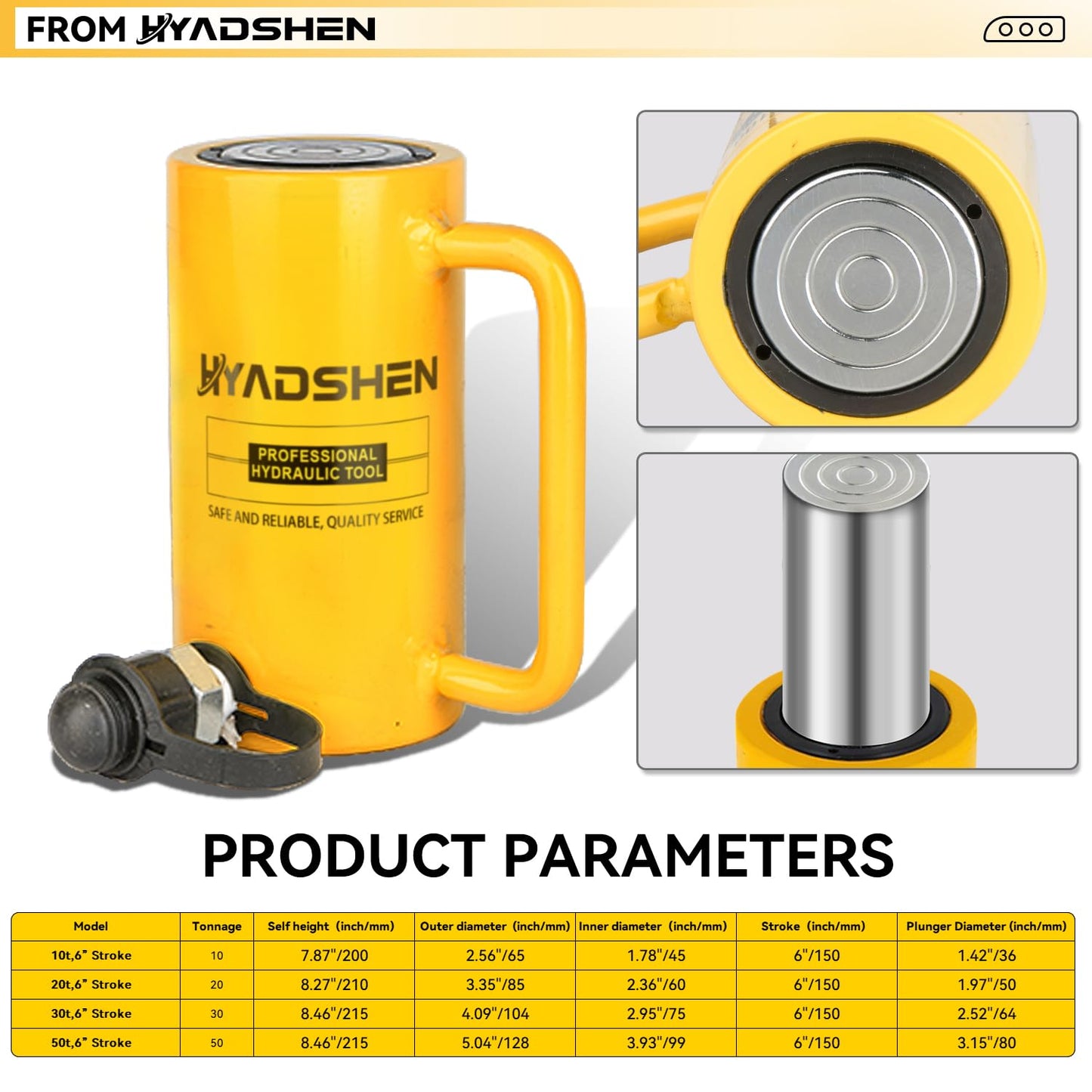 HYADSHEN 10 ton 6" Stroke Hydraulic Cylinder Long Jack Porta Power Ram Single Acting Lifting Cylinder Retract Automatically for Shipbuilding Bridge