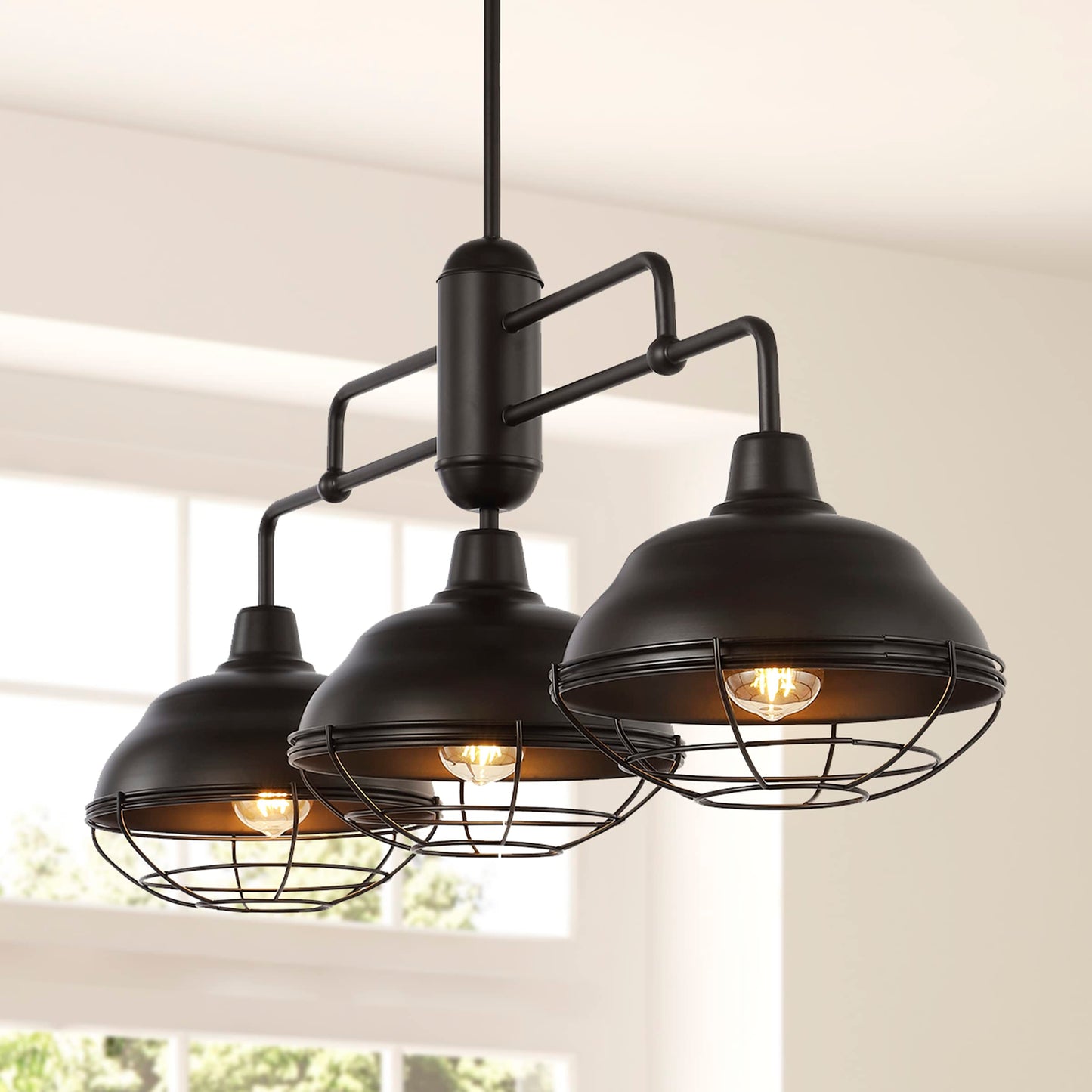JONATHAN Y 40.5" Oil Rubbed Bronze 3-Light Industrial Farmhouse LED Pendant Light Fixture for Kitchen Island, Dining Room, Adjustable Hanging Ceiling Lamp, Iron Cage Metal Shade (JYL1119A)