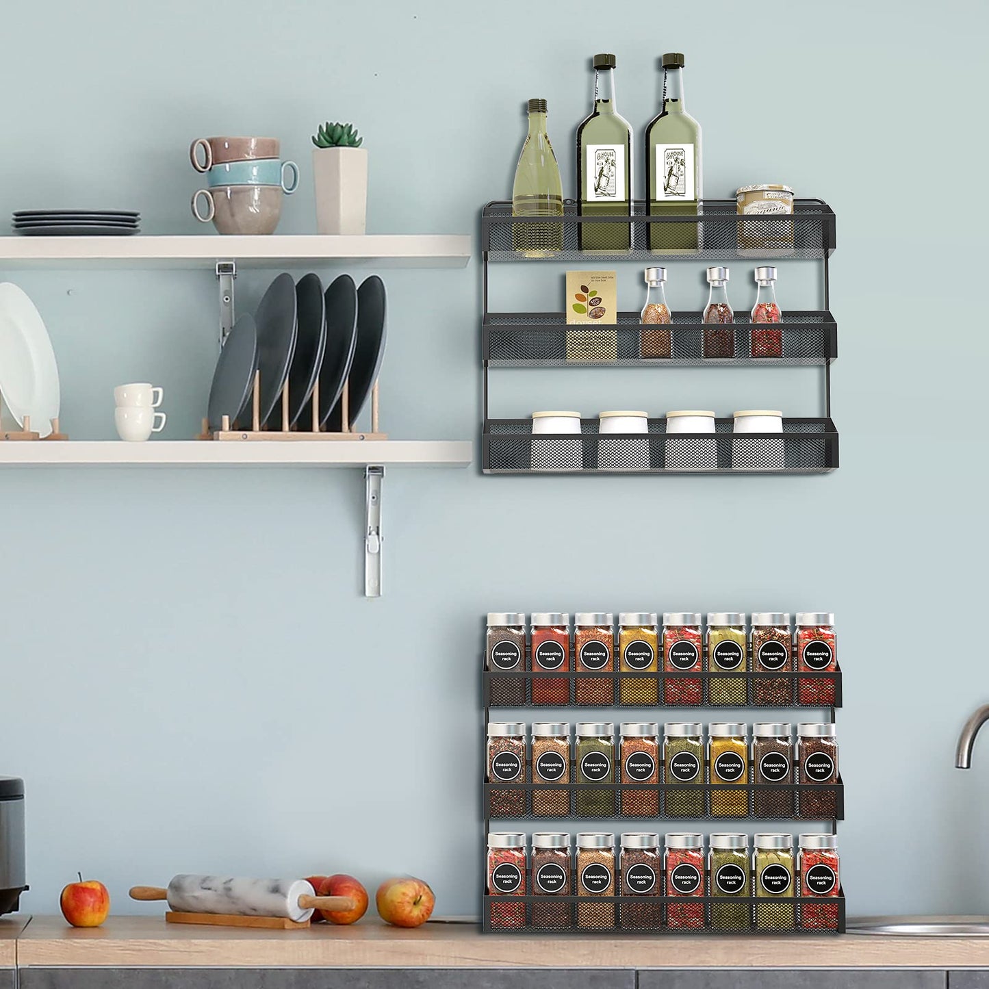 AULEDIO 2 Pack Spice Rack Organizer, 3 Tier Counter-top Stand or Wall Mounted Storage Rack Hanging Shelf for Kitchen Cabinet, Cupboard, Pantry Door Bathroom Shower Cosmetic (Black)