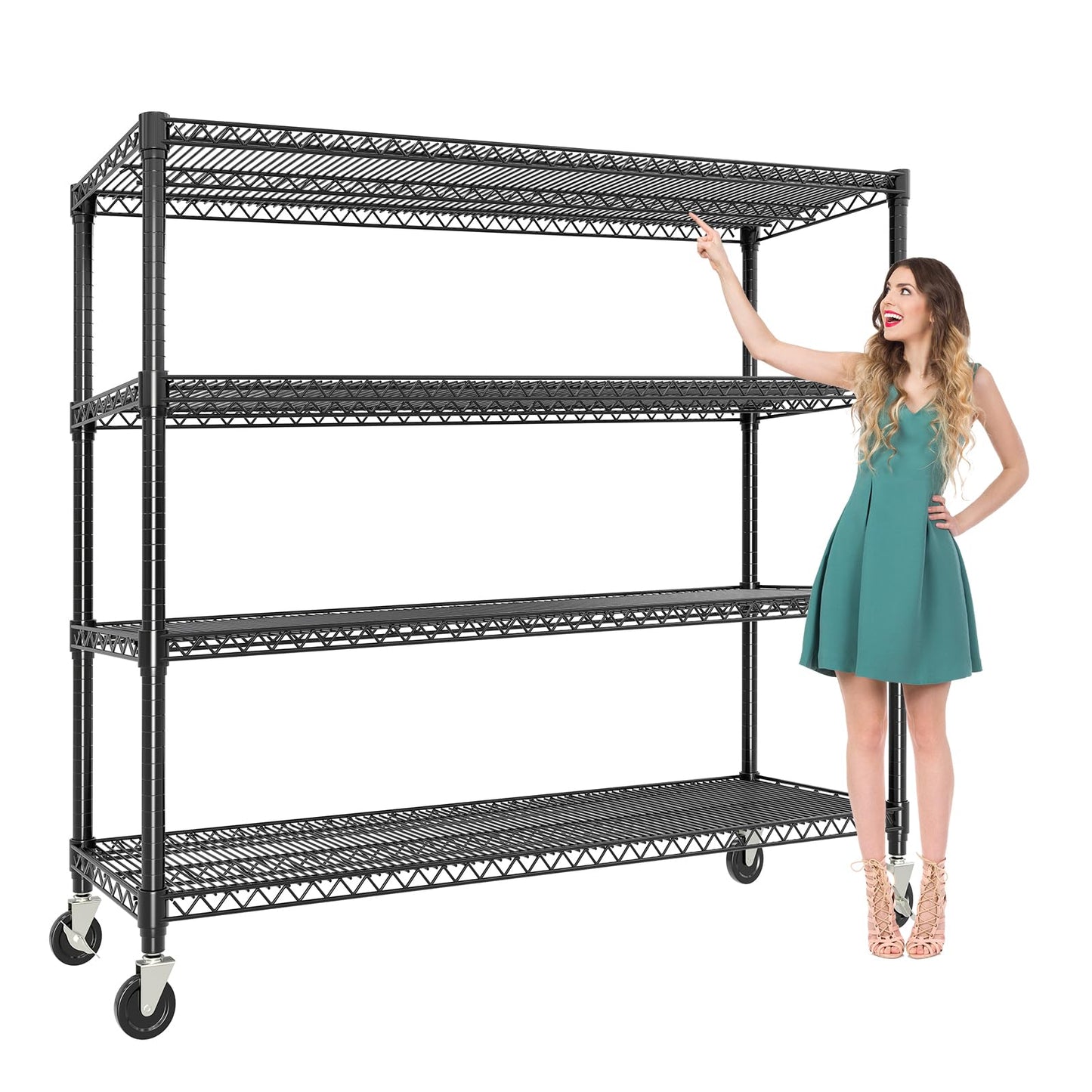 59"W Storage Shelves 2640LBS Heavy Duty Garage Shelving Units with Wheels, 4-Tiers Wire Shelving Rack Metal Storage Shelves with Adjustable Shelf, for Garage Pantry Kitchen Commercial Industrial