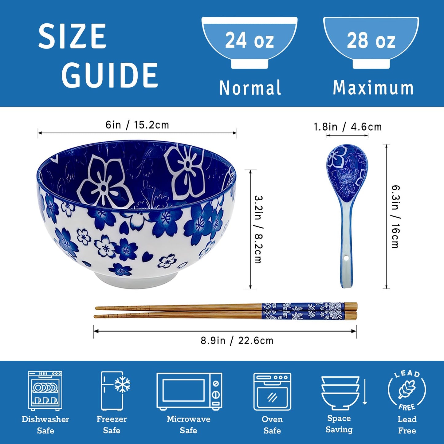 KeQiu 28 Oz Ceramic Ramen Noodle Pho Bowl Set with Chopsticks and Spoon Microwave & Dishwasher Safe, Japanese Style, Ideal Gift for Ramen Lovers & Solo Dining