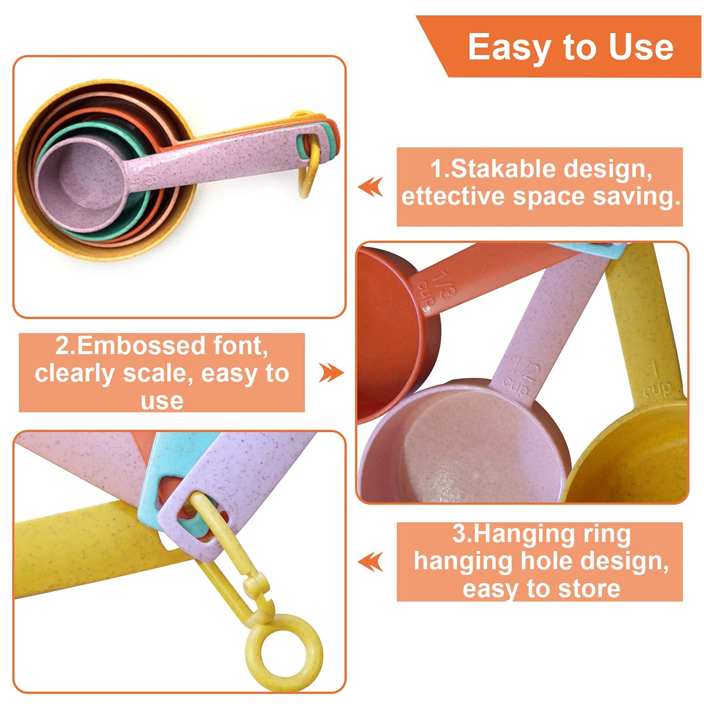 Plastic Measuring Cups and Spoons Set - 10 Pcs Colorful Kitchen Measuring Tool, Engraved Metric/US Markings Stackable Silicone Measure Cup for Liquid & Dry Measuring, Cooking & Baking, Random Color